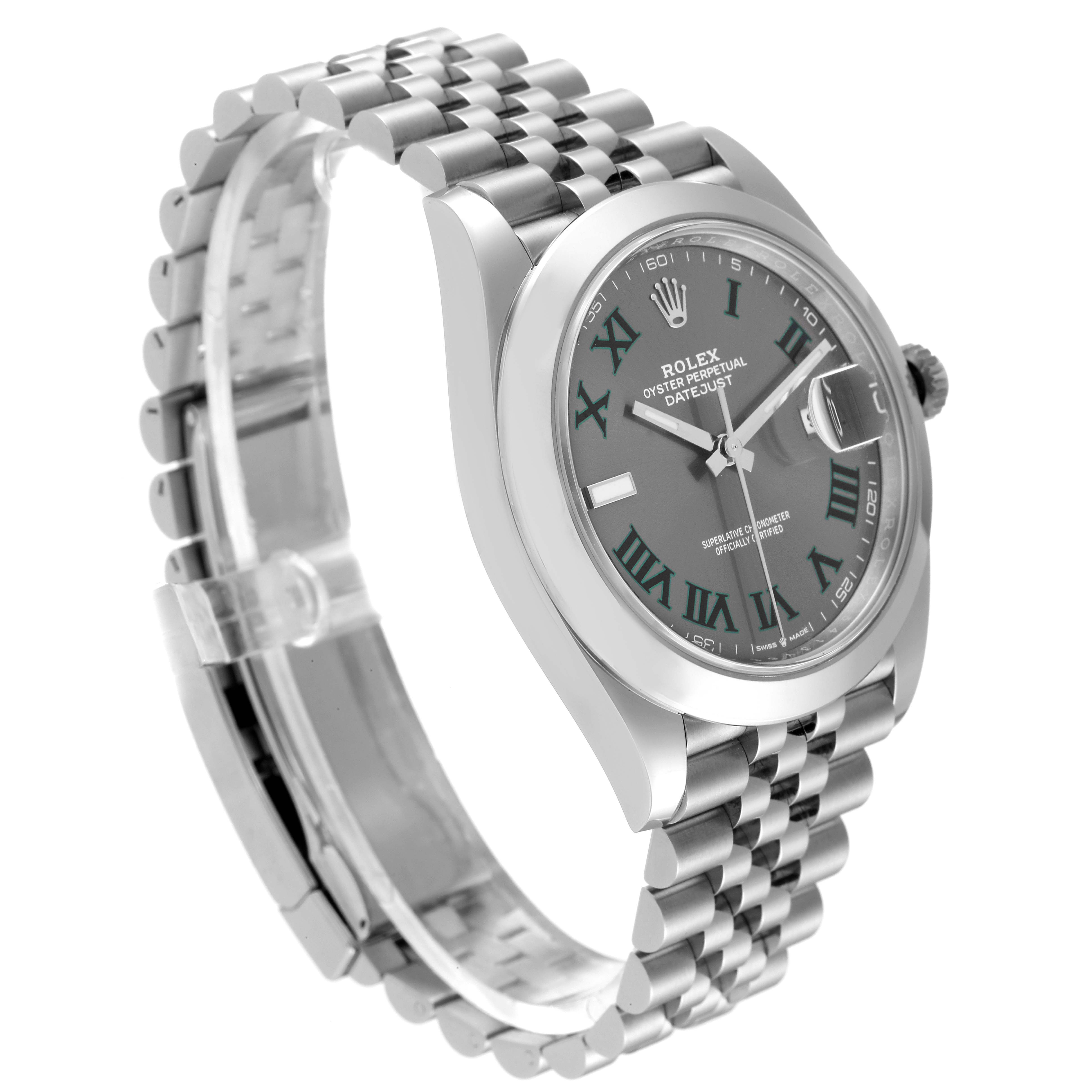 The image shows a Rolex Datejust 41 126300 Men
s Stainless Steel Grey Dial 126300 Men
s Stainless Steel Grey Dial watch at a three-quarter angle, displaying the face, bezel, crown, and a significant portion of the bracelet.