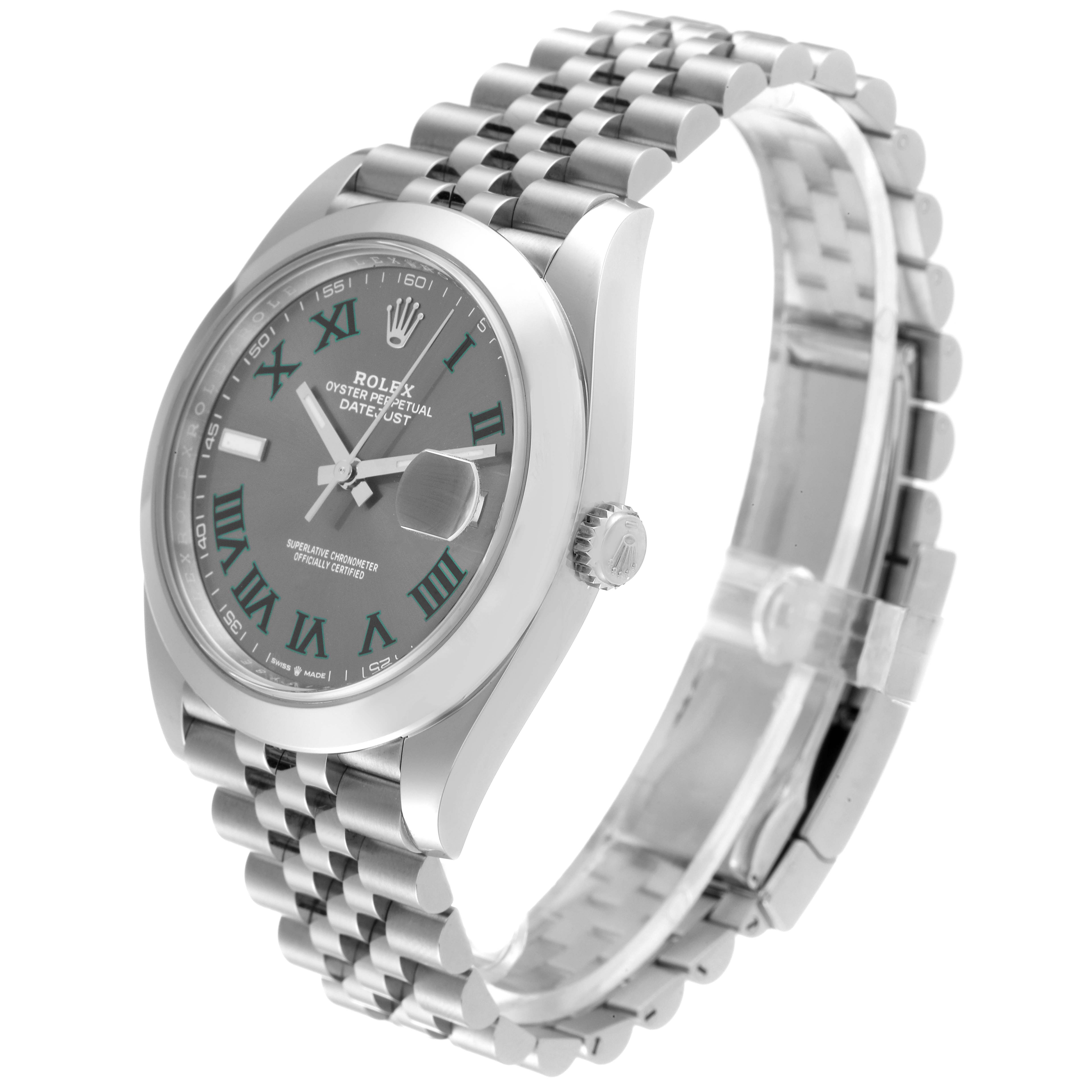 The image shows a Rolex Datejust 41 126300 Men
s Stainless Steel Grey Dial 126300 Men
s Stainless Steel Grey Dial model watch at a three-quarter angle, highlighting the face, bezel, crown, and bracelet.