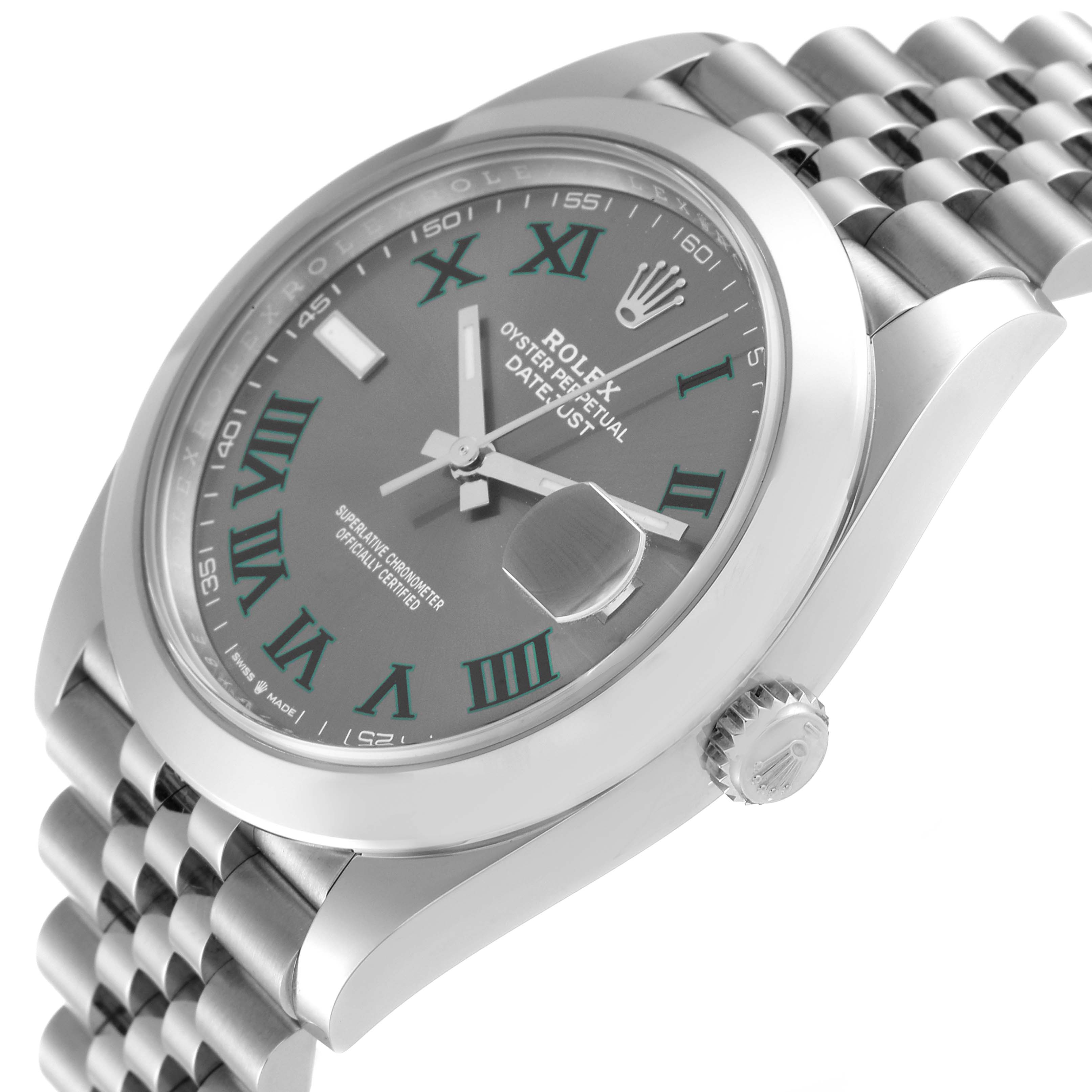 The image shows a Rolex Datejust 41 126300 Men
s Stainless Steel Grey Dial 126300 Men
s Stainless Steel Grey Dial watch angled slightly from the front, highlighting its face, bezel, crown, and part of the bracelet.