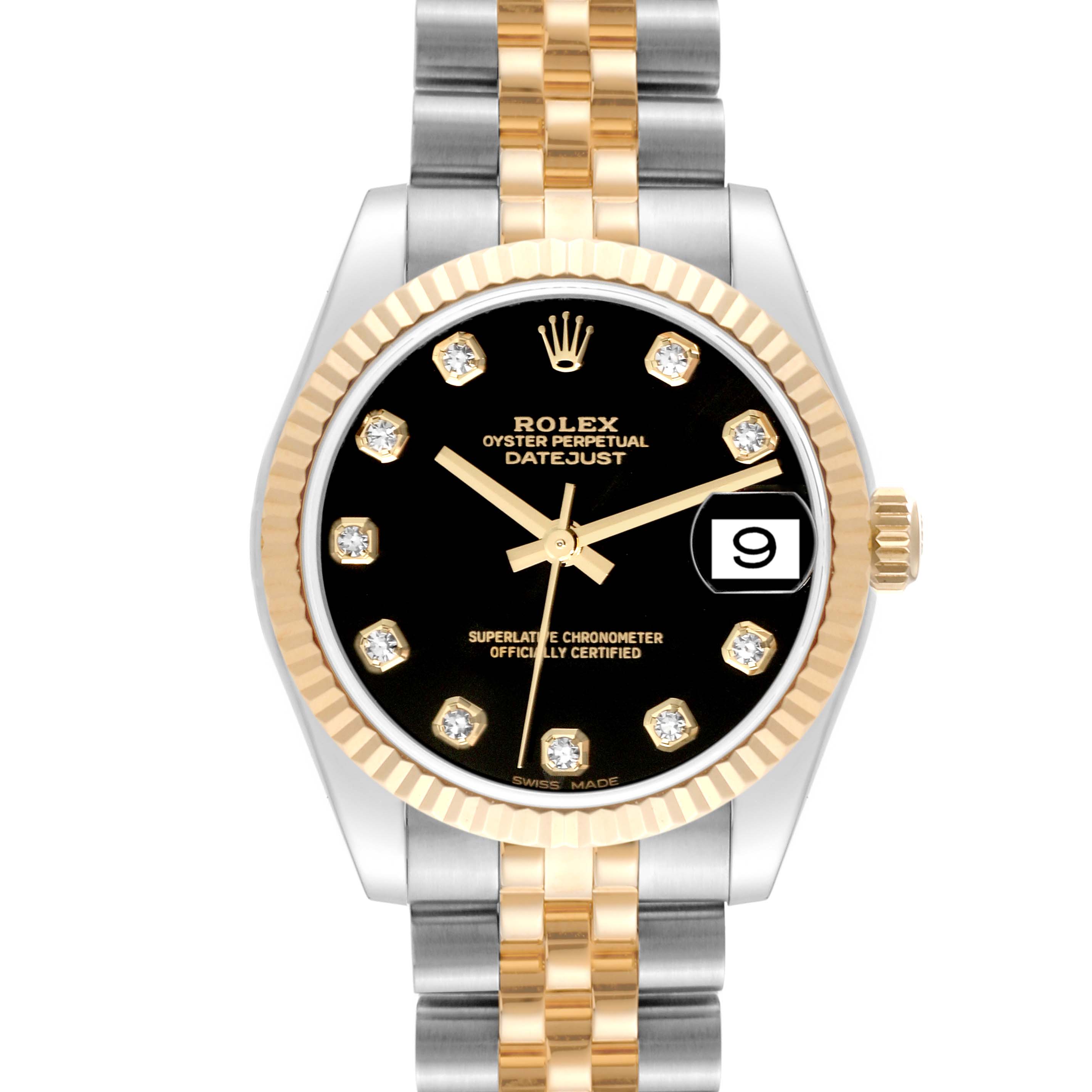 This image shows a front view of a Rolex Datejust Mid-Size watch with a black dial, diamond hour markers, and a two-tone bracelet.