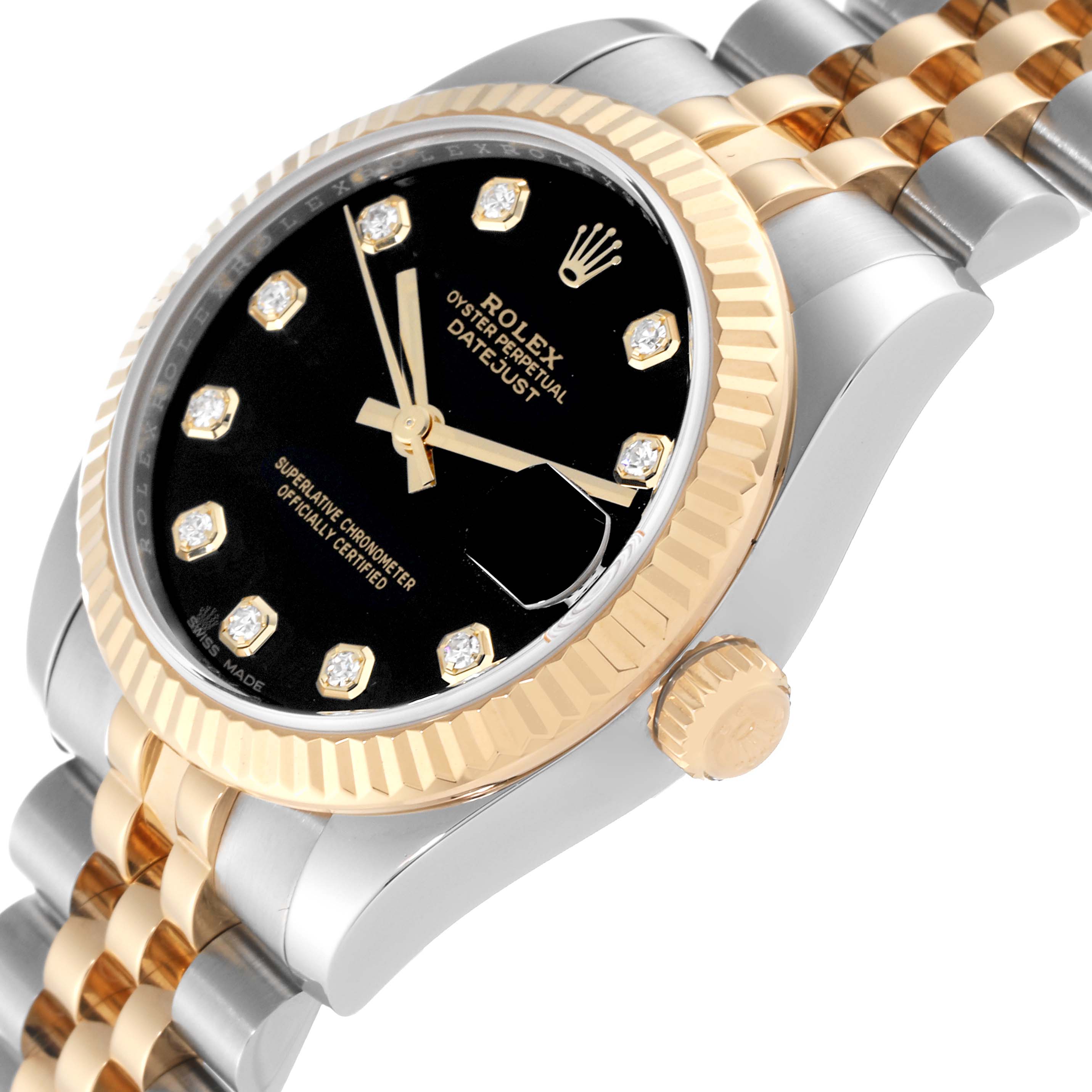 The image shows a close-up view of a Rolex Datejust Mid-Size watch, highlighting the bezel, crown, dial, and part of the bracelet.