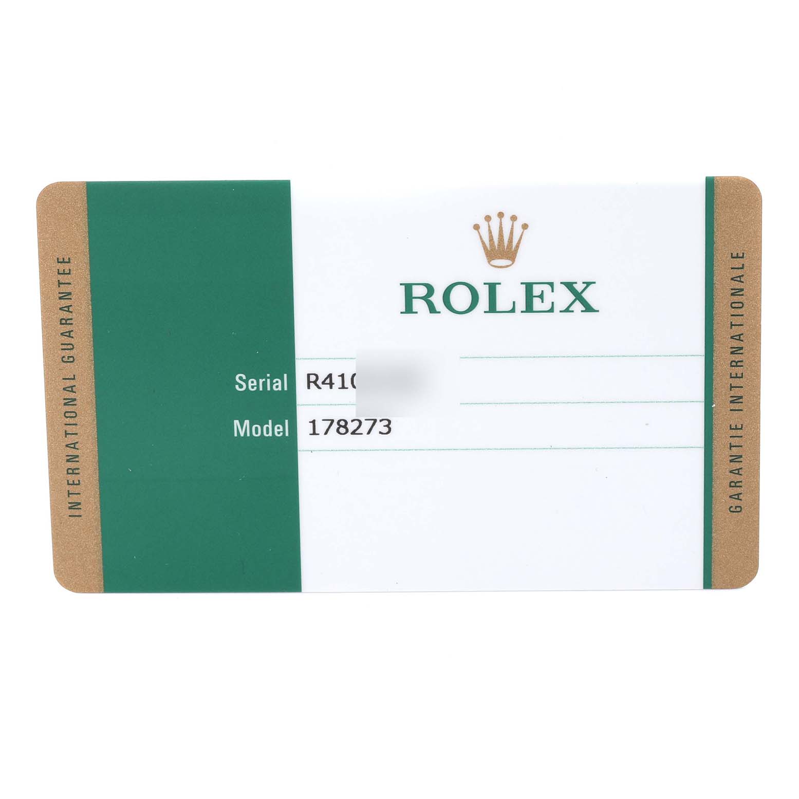 The image shows an International Guarantee card for a Rolex Mid-Size 178273 Women's Steel and Gold (two tone) Black Dial 178273 Women's Steel and Gold (two tone) Black Dial model 178273.