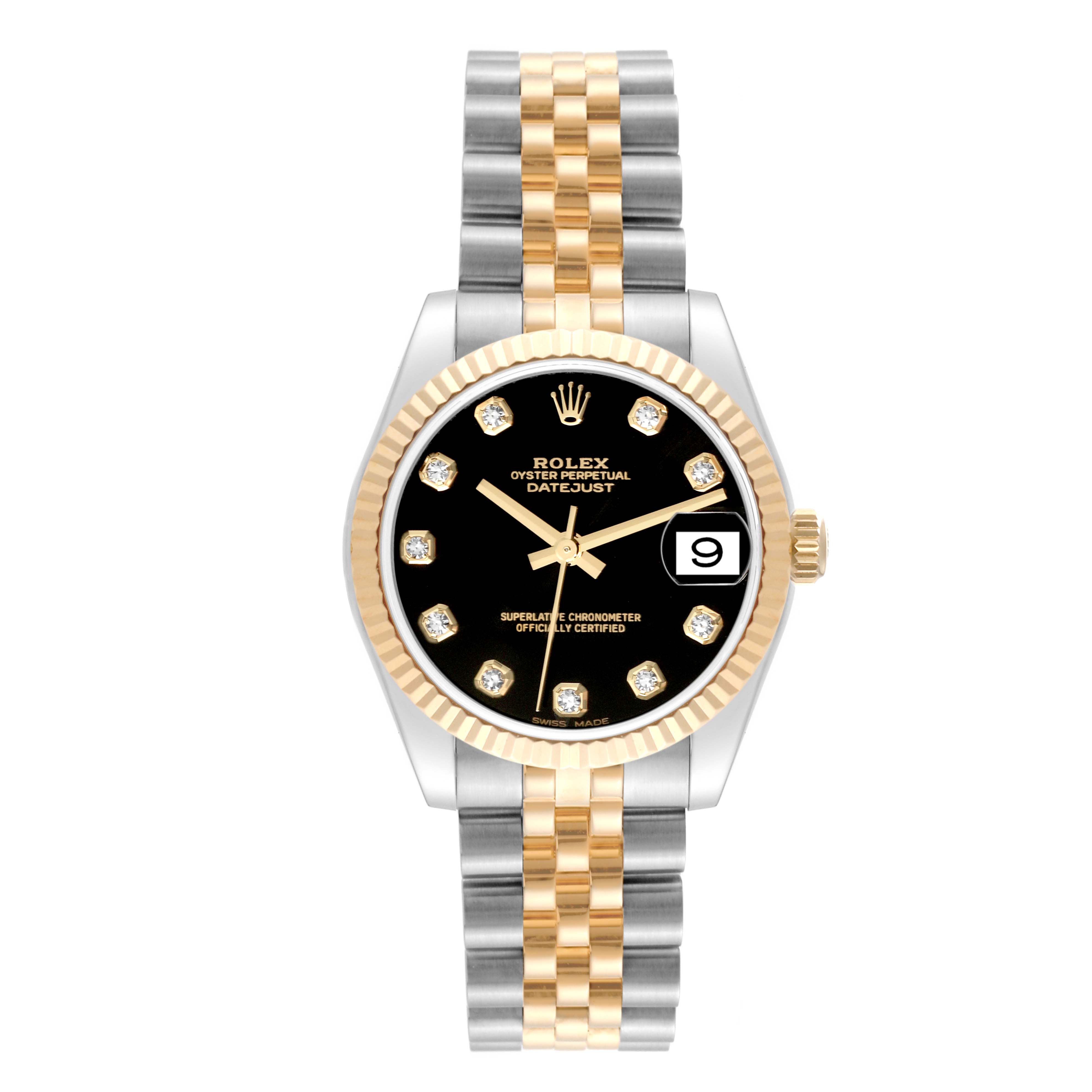 The image shows a frontal view of a Rolex Datejust Mid-Size watch featuring a black dial, fluted gold bezel, and two-tone bracelet.