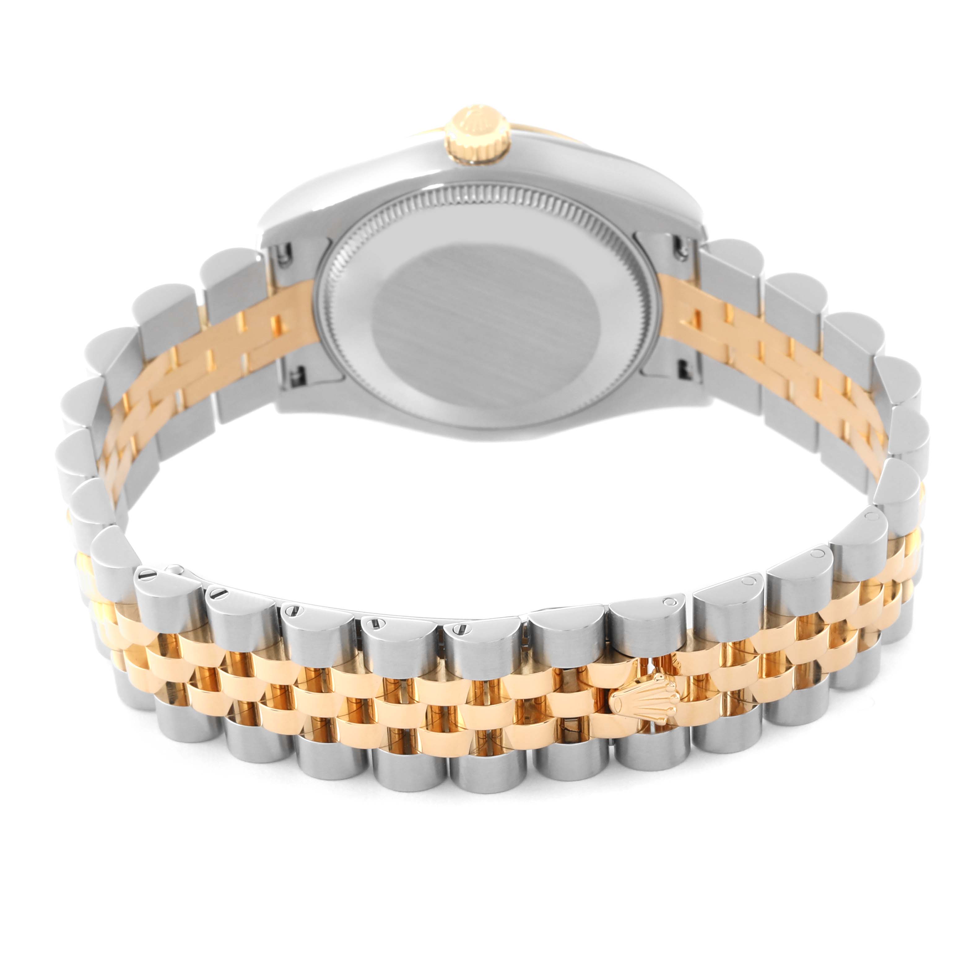 The image shows the back case and two-tone bracelet of a Mid-Size Rolex watch from a rear angle.