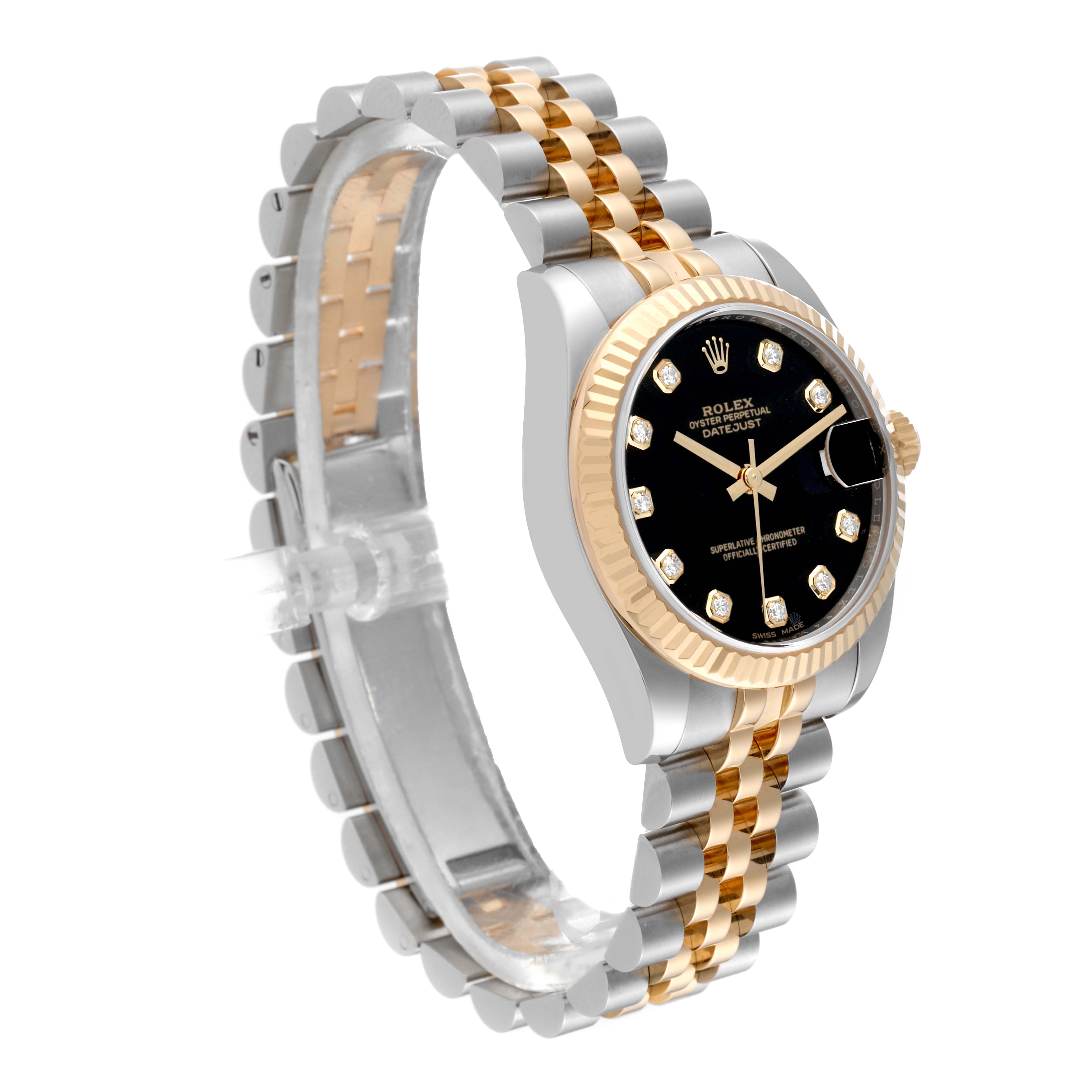 The image shows a Rolex Mid-Size 178273 Women's Steel and Gold (two tone) Black Dial 178273 Women's Steel and Gold (two tone) Black Dial Datejust watch from an angled side view, highlighting its two-tone bracelet and black diamond-set dial.