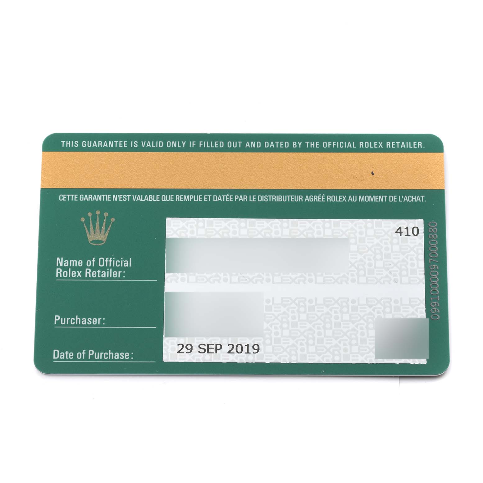 This image shows a guarantee card for a Mid-Size Rolex watch, detailing the retailer, purchaser, and purchase date.