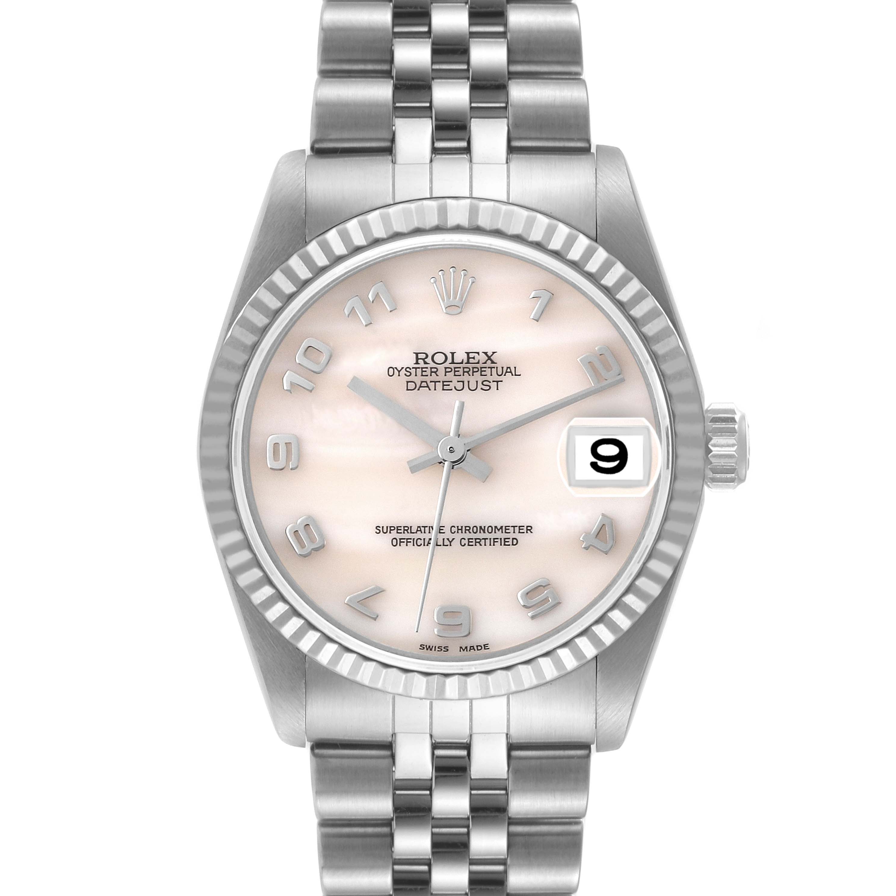 This is a front view of a Rolex Oyster Perpetual Datejust Mid-Size watch showcasing its dial, bezel, and bracelet.