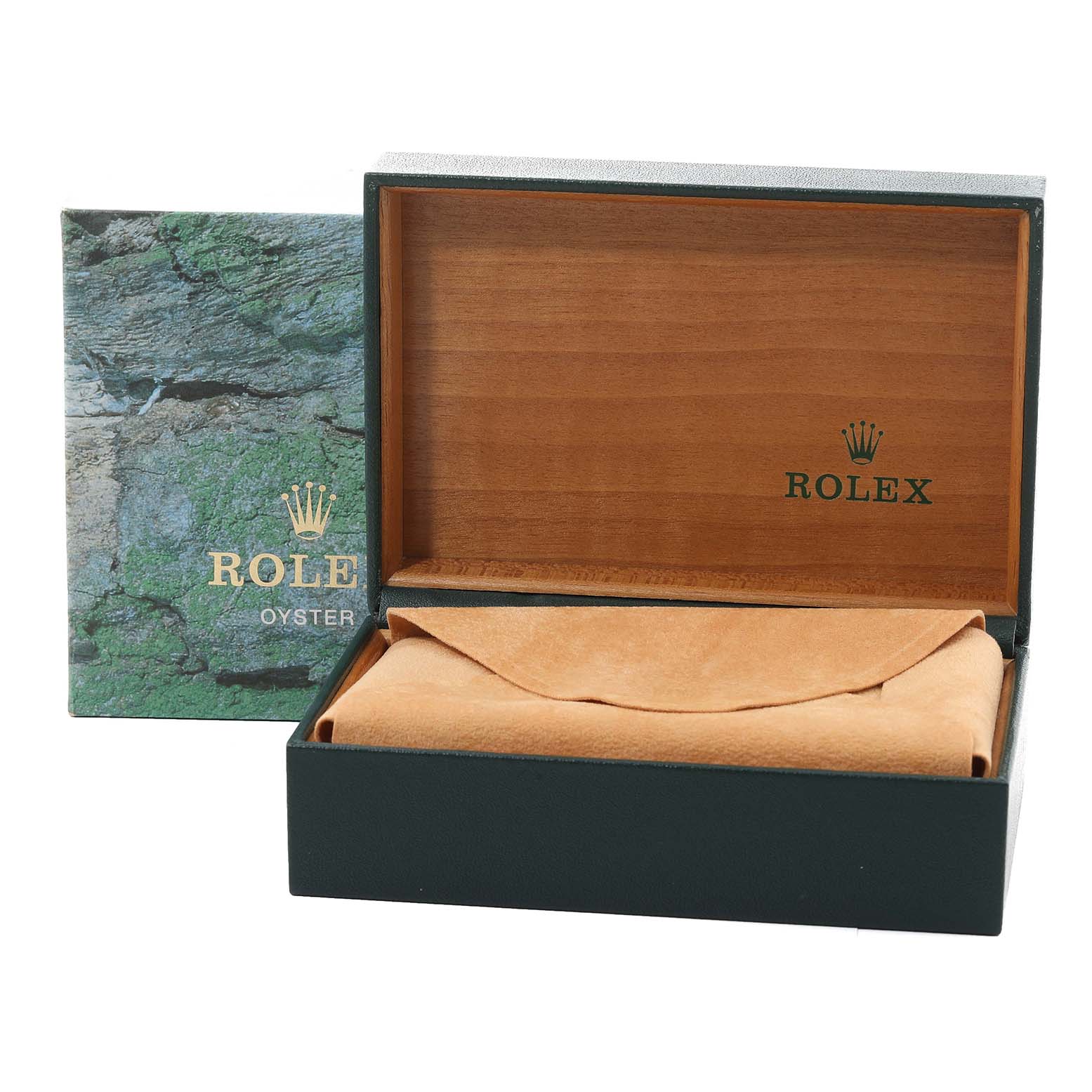 This image shows an open Rolex Oyster box for a Mid-Size model, displaying the interior and a closed pouch.