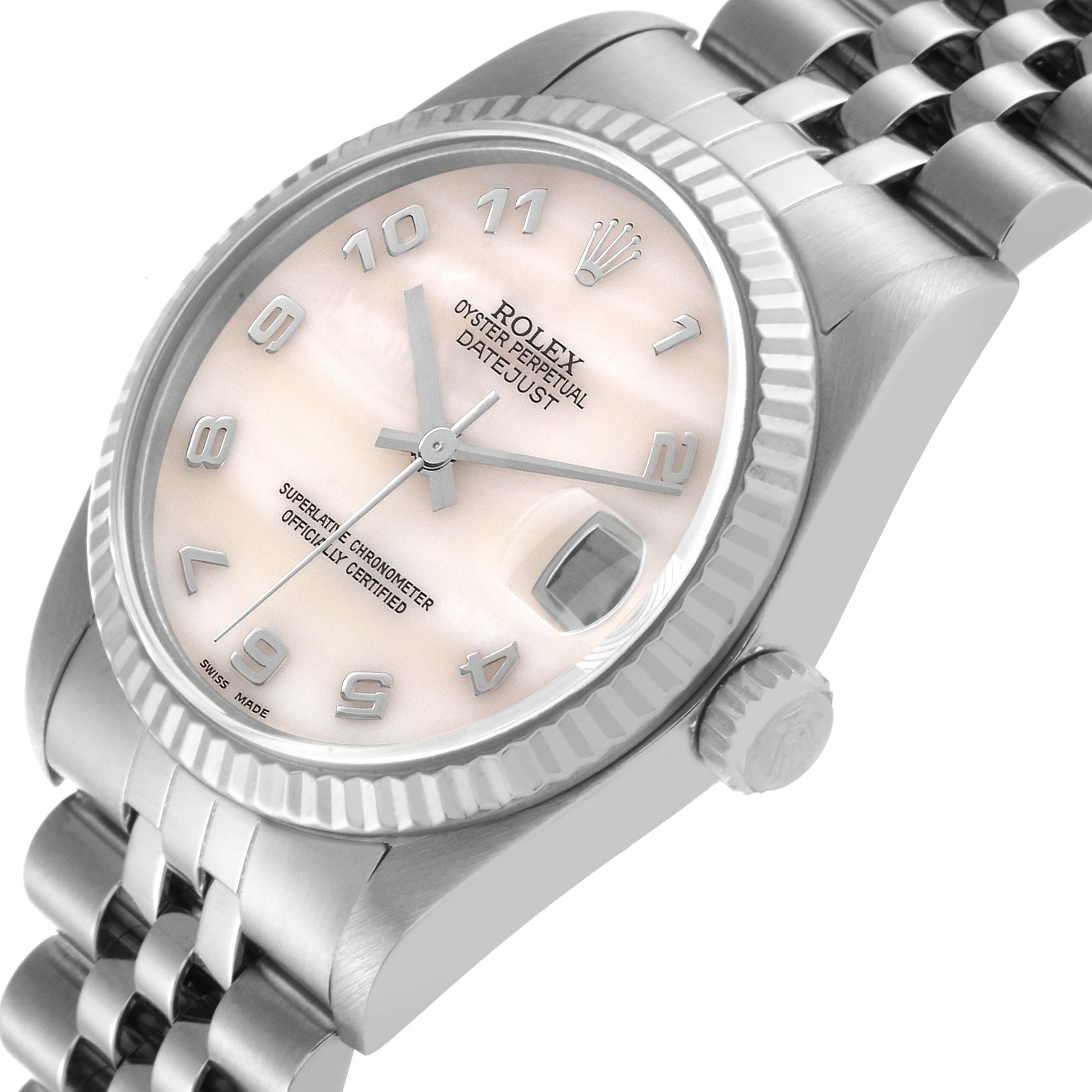 This image shows a close-up angle of a Mid-Size Rolex Oyster Perpetual Datejust, highlighting its face, bezel, and part of the bracelet.