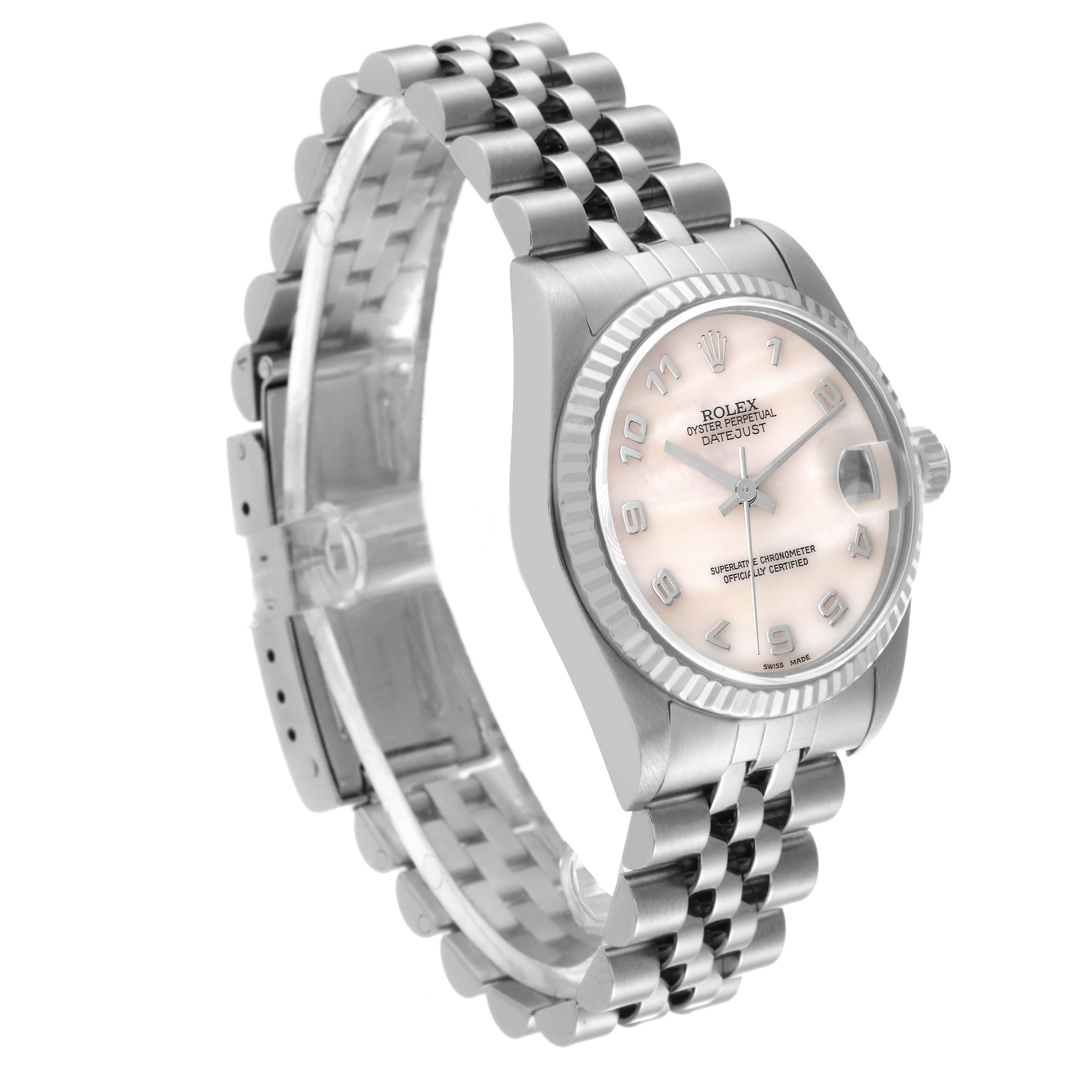 This image shows a Rolex Mid-Size 78274 Women
s Stainless Steel Mother of Pearl Dial 78274 Women
s Stainless Steel Mother of Pearl Dial Oyster Perpetual Datejust watch at a side angle, displaying the dial, bezel, bracelet, and clasp.