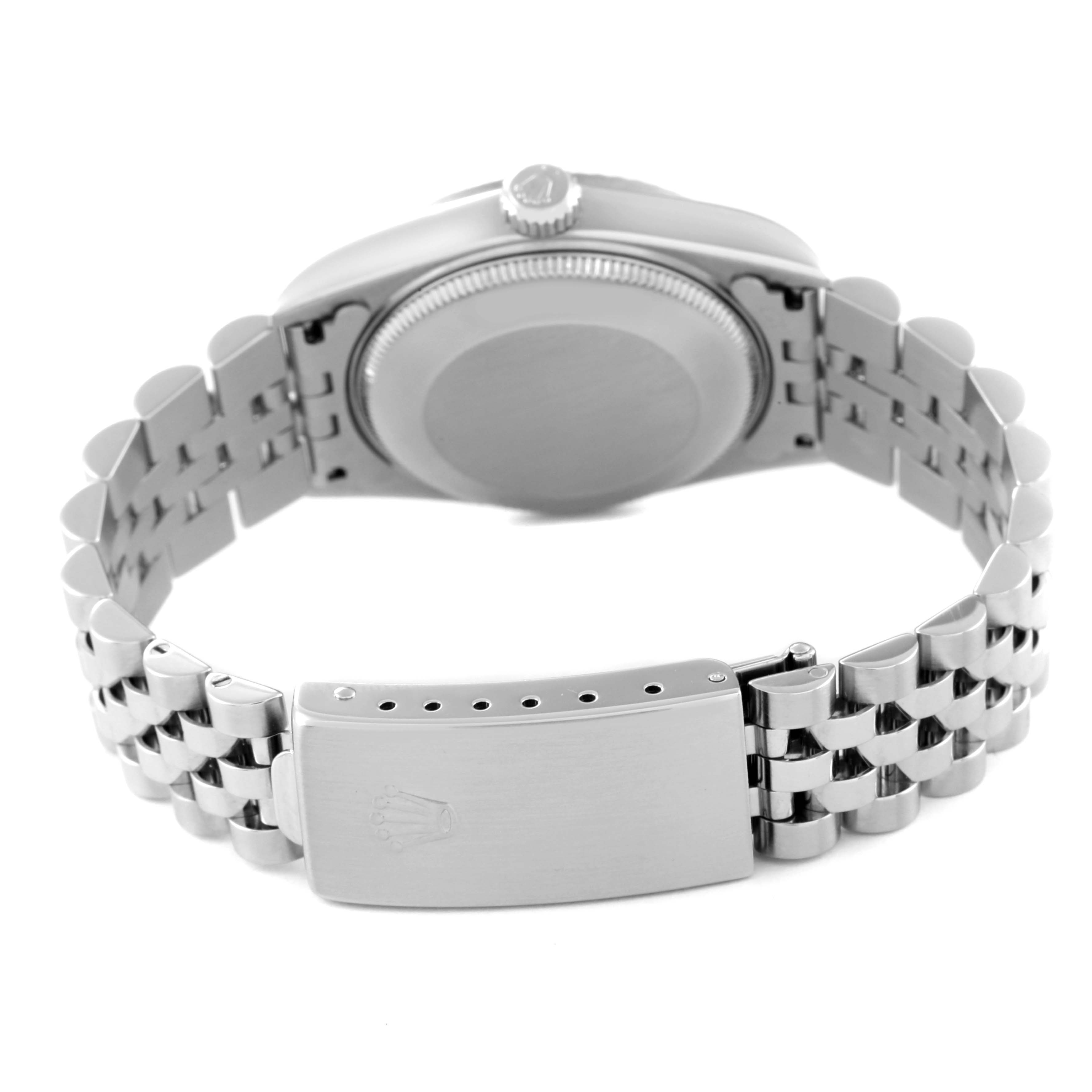 This image shows the back side and clasp of a Mid-Size Rolex watch, highlighting the case and Jubilee bracelet.