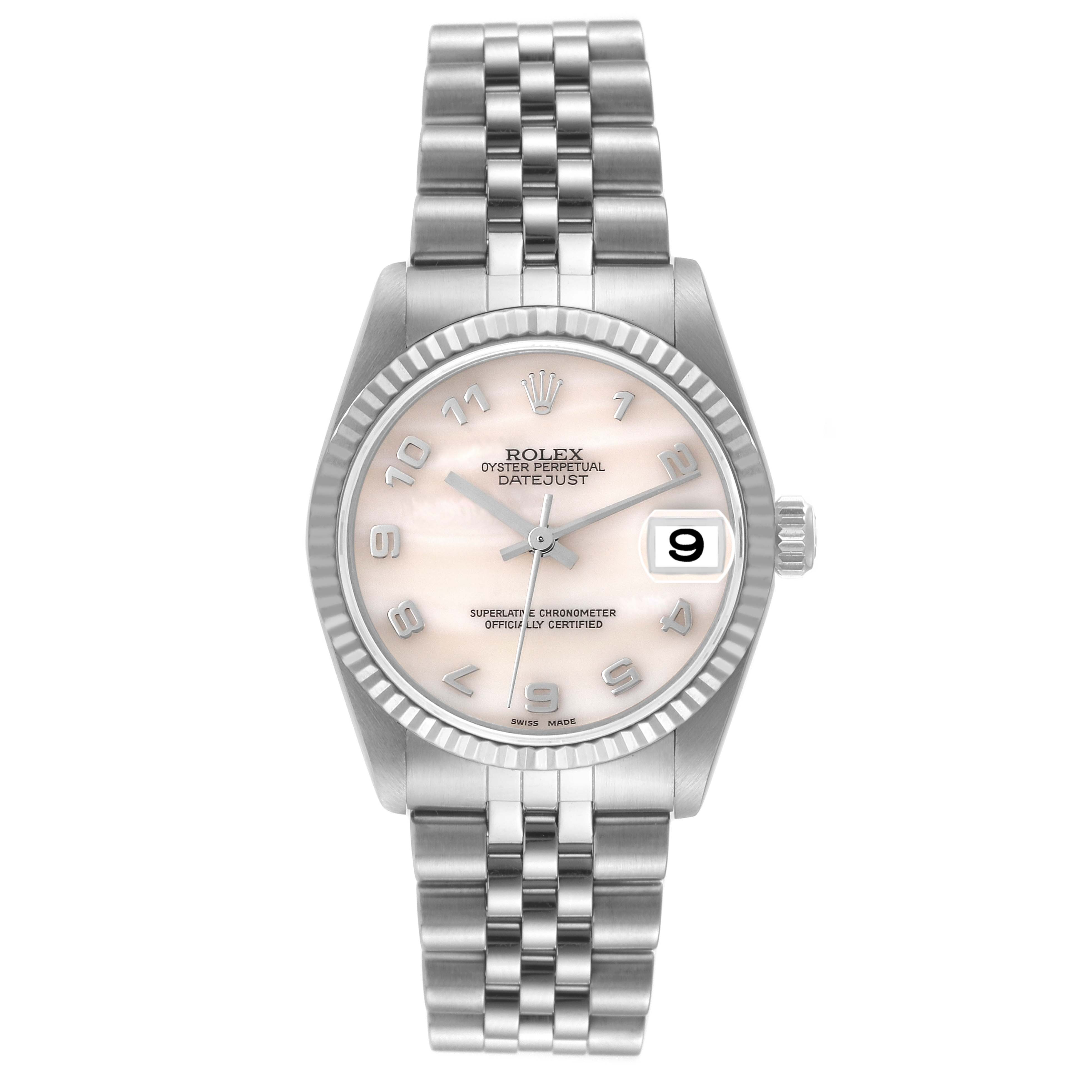 The image shows a front view of the Rolex Oyster Perpetual Datejust Mid-Size watch with a stainless steel band and a light-colored dial.