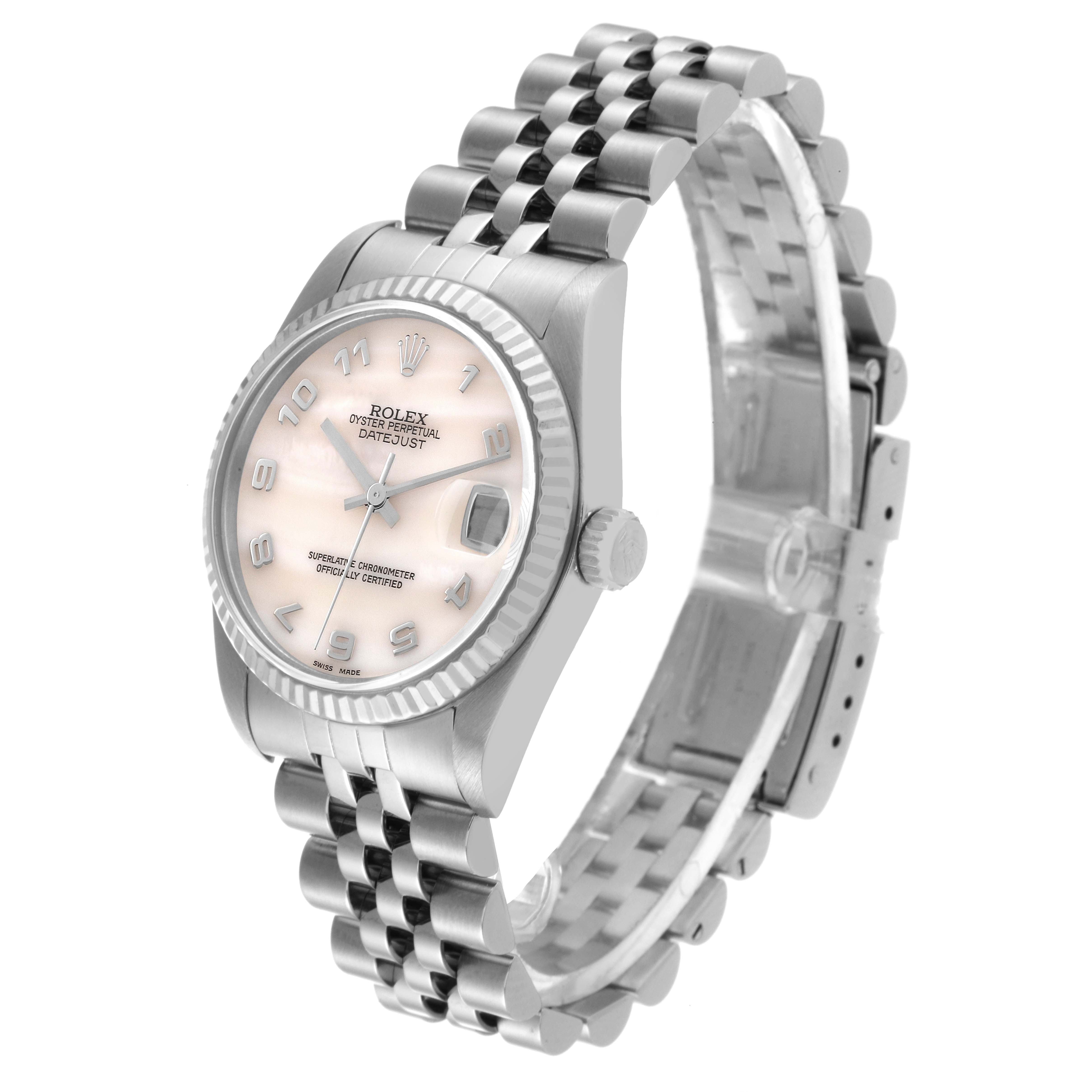 The image shows a Rolex Mid-Size 78274 Women
s Stainless Steel Mother of Pearl Dial 78274 Women
s Stainless Steel Mother of Pearl Dial Datejust watch at a 3/4 angle, highlighting the face, bezel, crown, and bracelet.