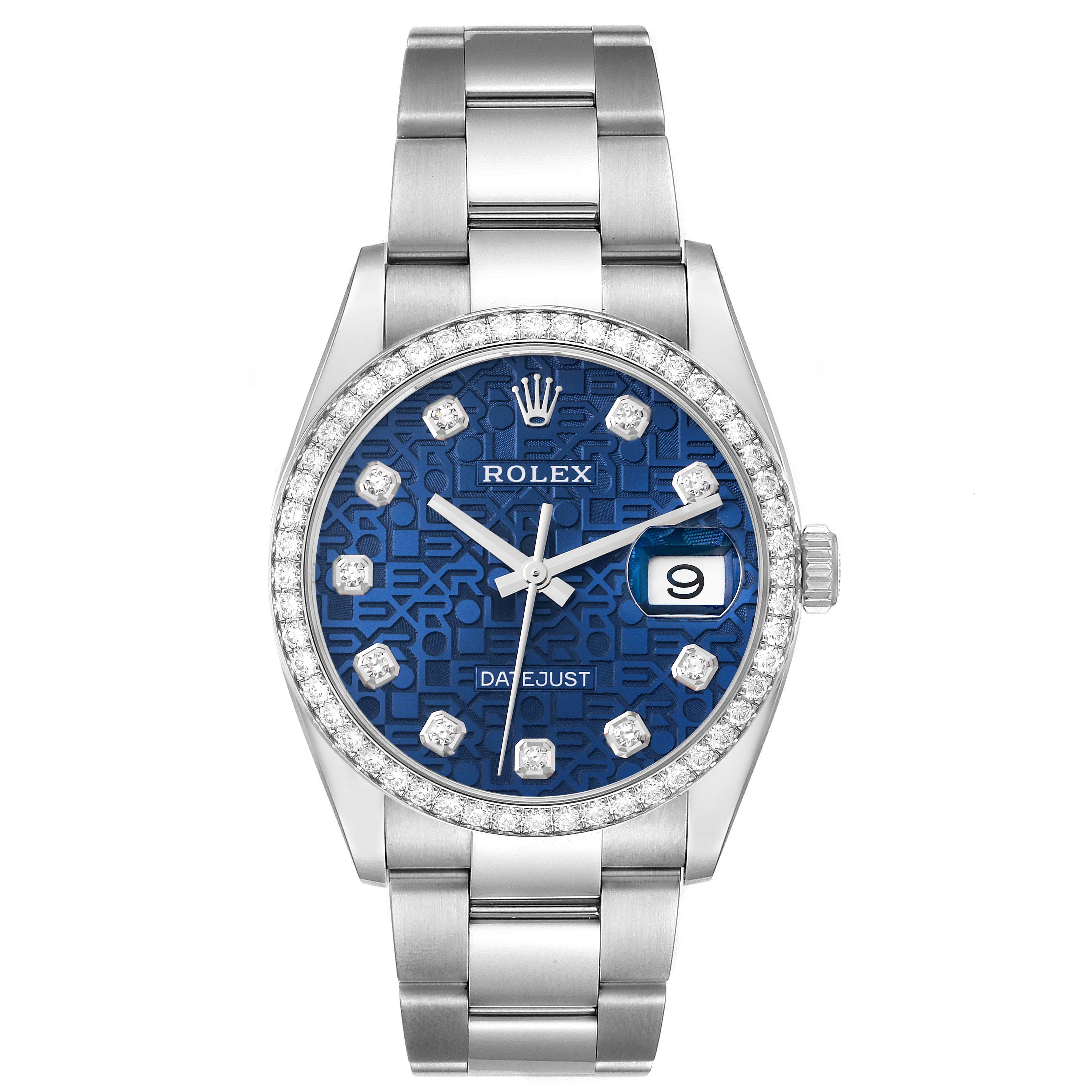 This image shows a front view of the Rolex Datejust 126284RBR Men's Stainless Steel Blue Dial 126284RBR Men's Stainless Steel Blue Dial watch, highlighting its blue dial, date window, and stainless steel bracelet.