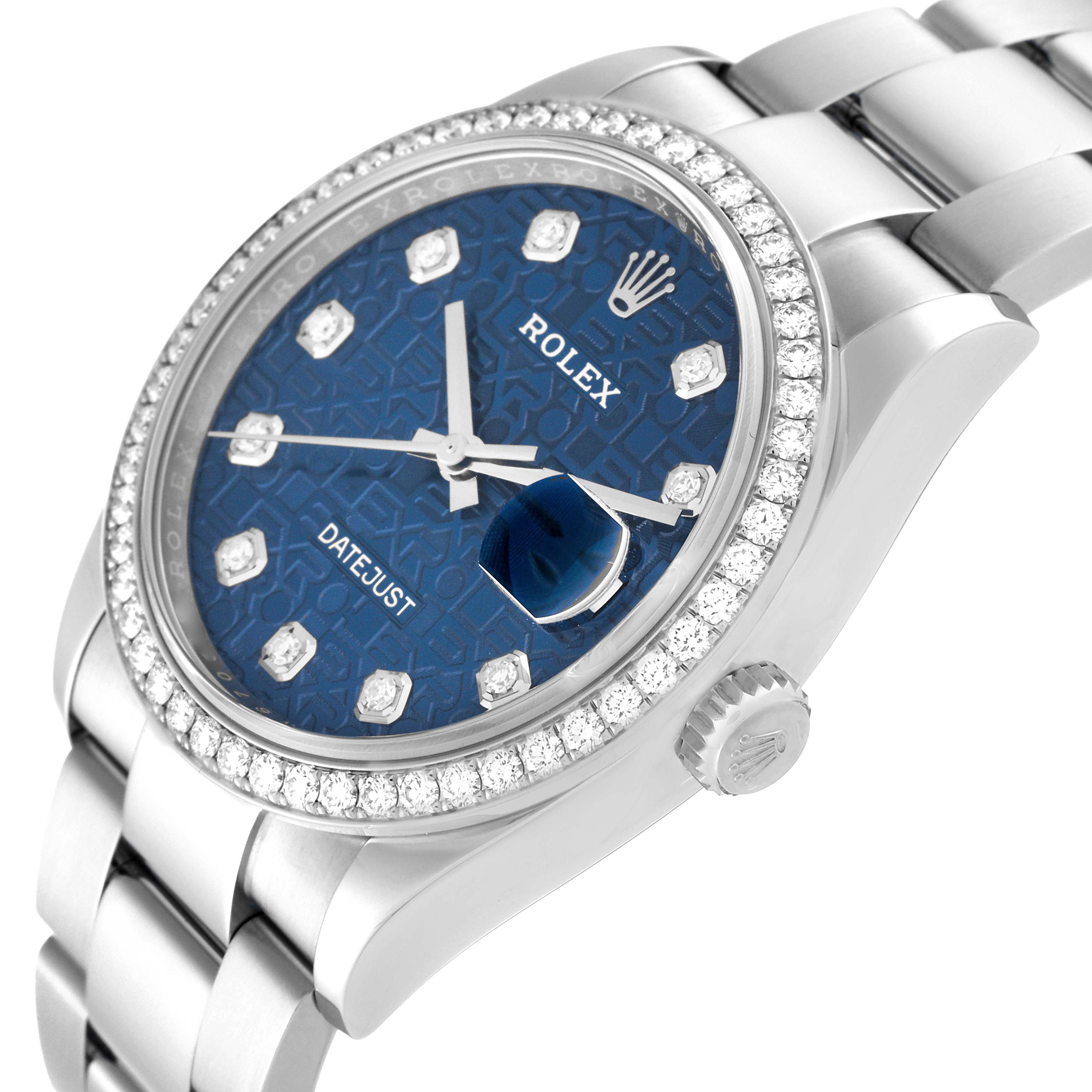 The image shows a close-up, angled view of a Rolex Datejust 126284RBR Men's Stainless Steel Blue Dial 126284RBR Men's Stainless Steel Blue Dial watch featuring a blue dial, diamond-set bezel, and stainless steel bracelet.