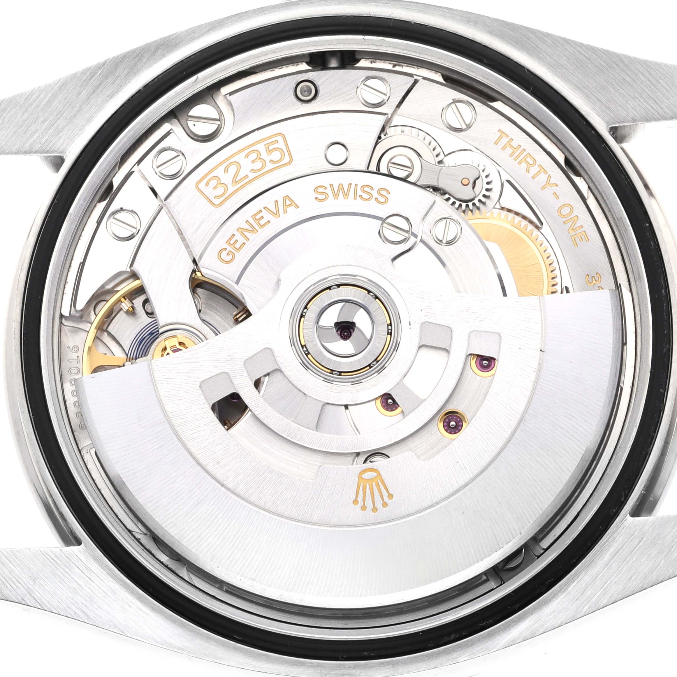 This is a close-up view of the Rolex Datejust 126284RBR Men's Stainless Steel Blue Dial 126284RBR Men's Stainless Steel Blue Dial movement, showcasing its internal mechanics and 3235 caliber.