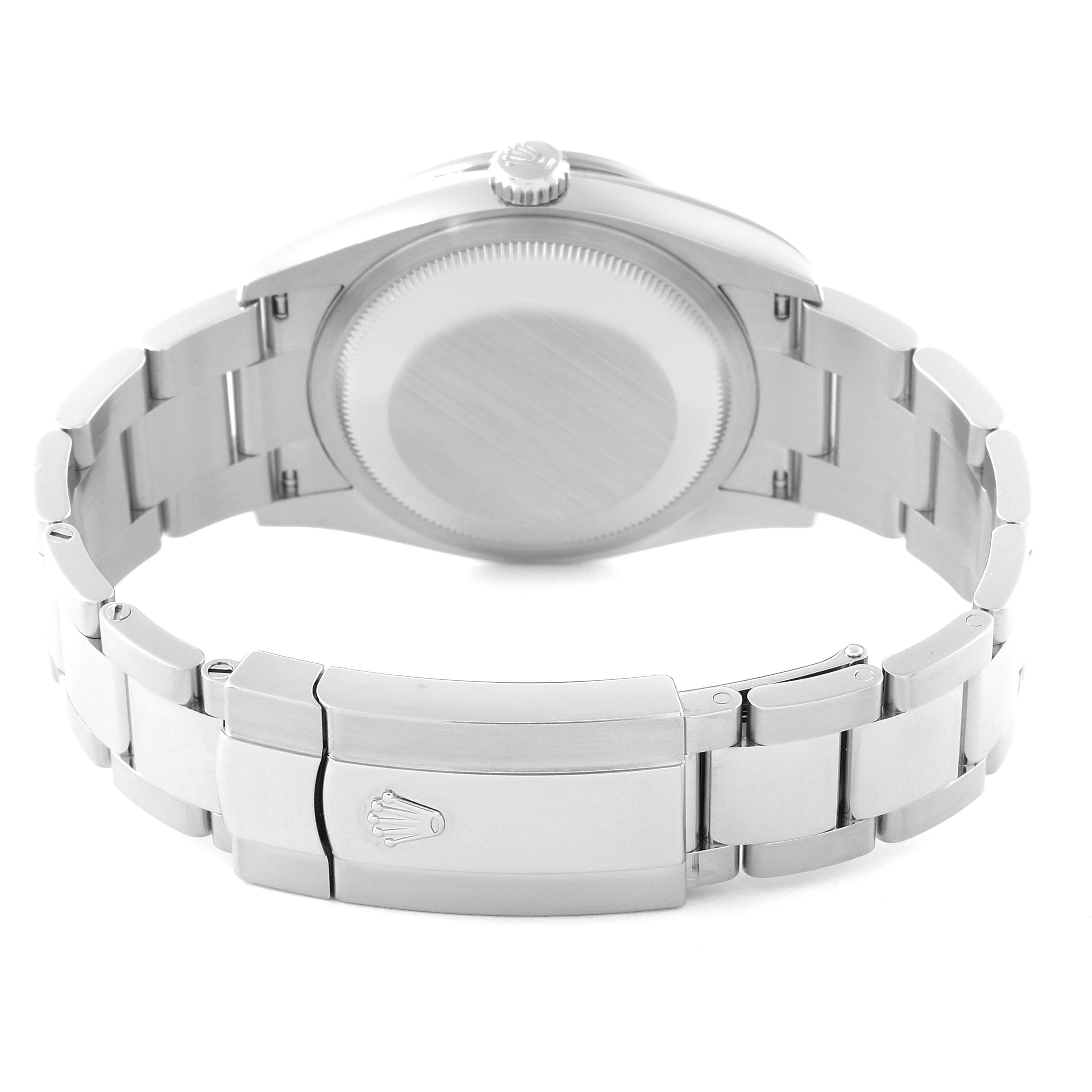 This image shows the back case, bracelet, and clasp of a Rolex Datejust 126284RBR Men's Stainless Steel Blue Dial 126284RBR Men's Stainless Steel Blue Dial model watch from a rear angle.