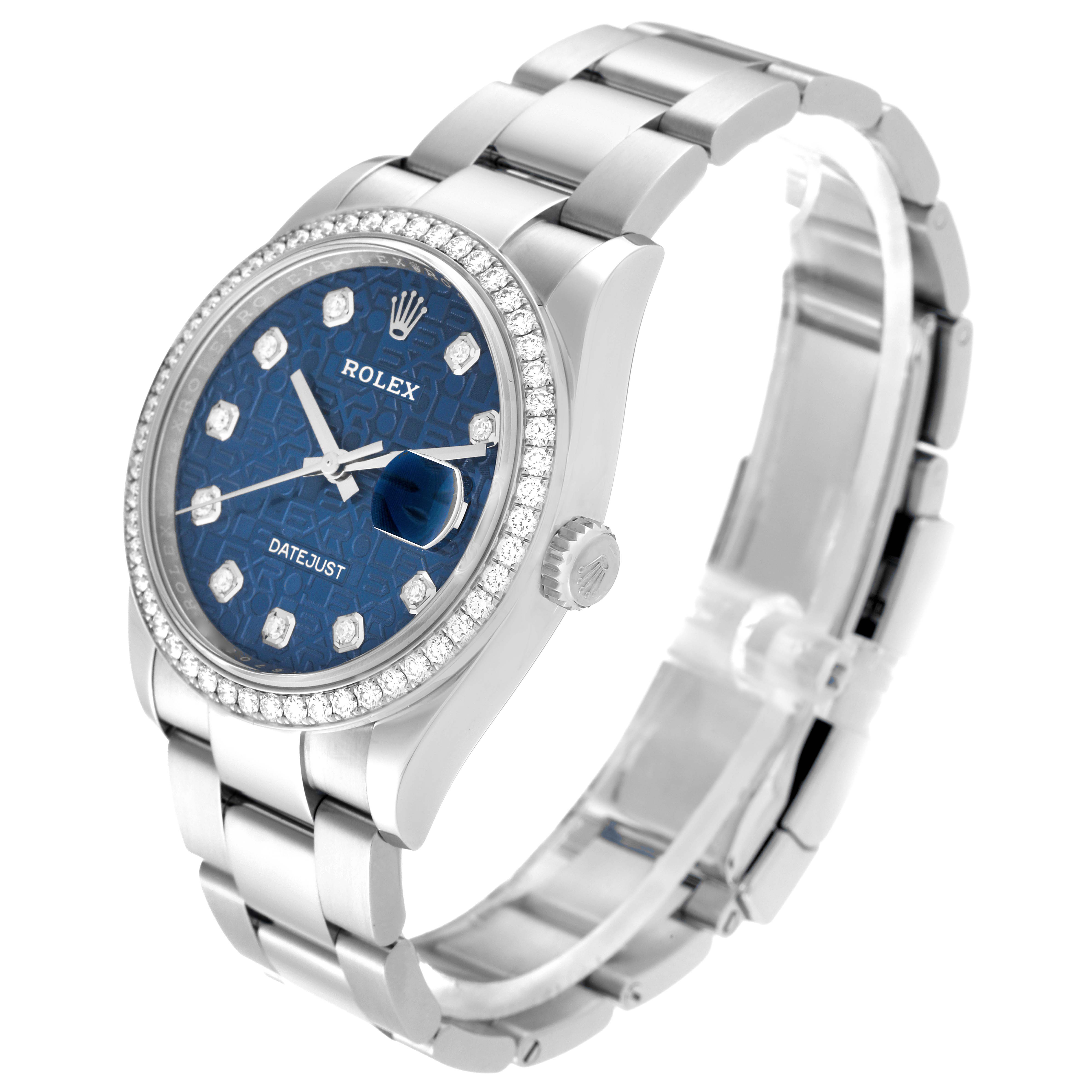 The Rolex Datejust 126284RBR Men's Stainless Steel Blue Dial 126284RBR Men's Stainless Steel Blue Dial watch is shown at a slight angle, highlighting its blue dial, diamond bezel, and bracelet.