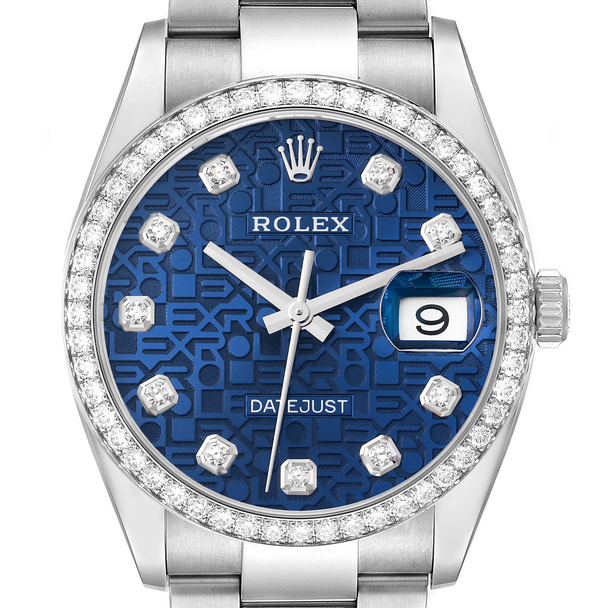This Rolex Datejust 126284RBR Men's Stainless Steel Blue Dial 126284RBR Men's Stainless Steel Blue Dial watch is shown from the front, displaying the dial, bezel, crown, and part of the bracelet.