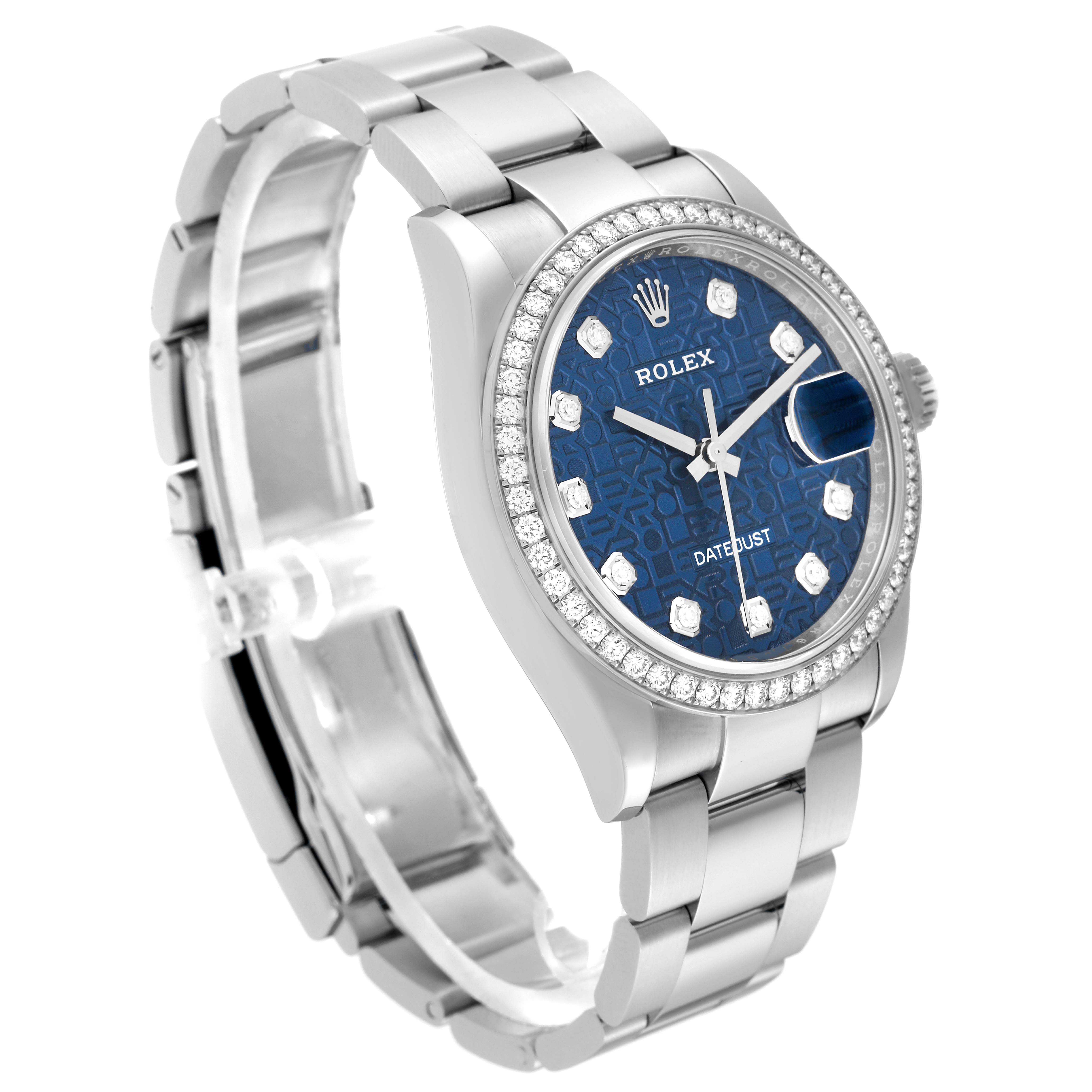 The image shows a Rolex Datejust 126284RBR Men's Stainless Steel Blue Dial 126284RBR Men's Stainless Steel Blue Dial watch at an angled side view, highlighting its blue dial, diamond bezel, and stainless steel band.