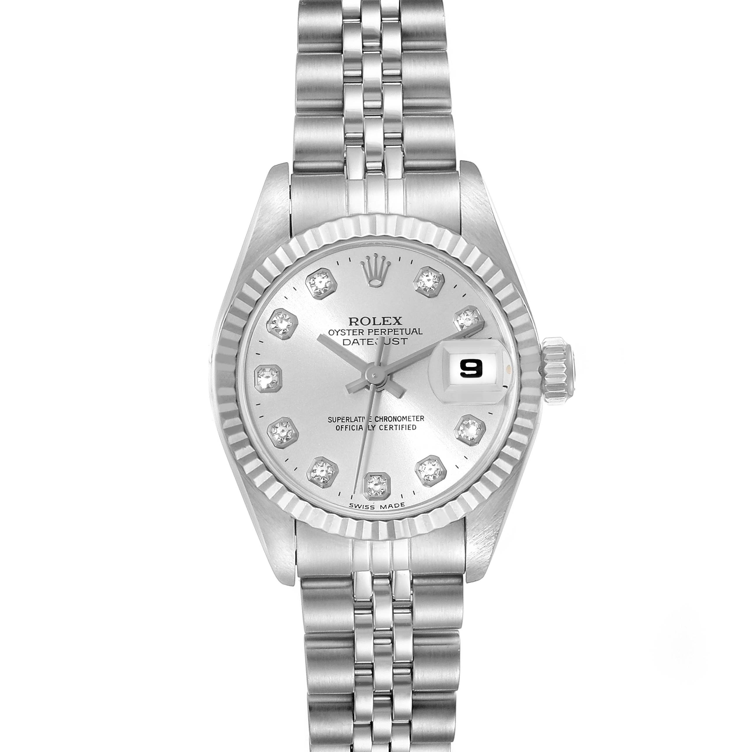 The image shows a front view of a Rolex Datejust 69174 Women's Stainless Steel Silver Dial 69174 Women's Stainless Steel Silver Dial watch highlighting its dial, bezel, crown, and bracelet.