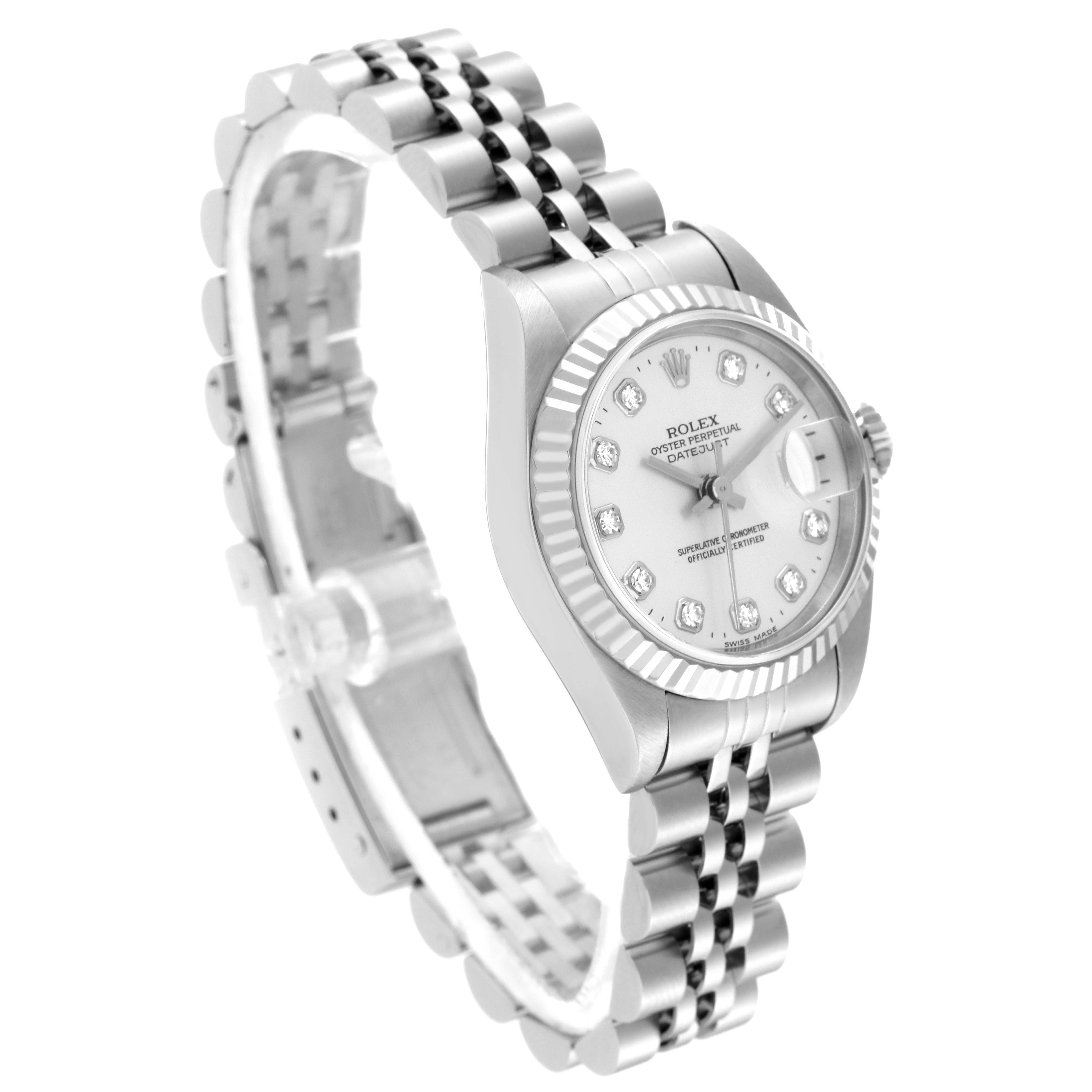 The Rolex Datejust 69174 Women's Stainless Steel Silver Dial 69174 Women's Stainless Steel Silver Dial watch is shown at a three-quarter angle, highlighting its fluted bezel, jubilee bracelet, and diamond hour markers.