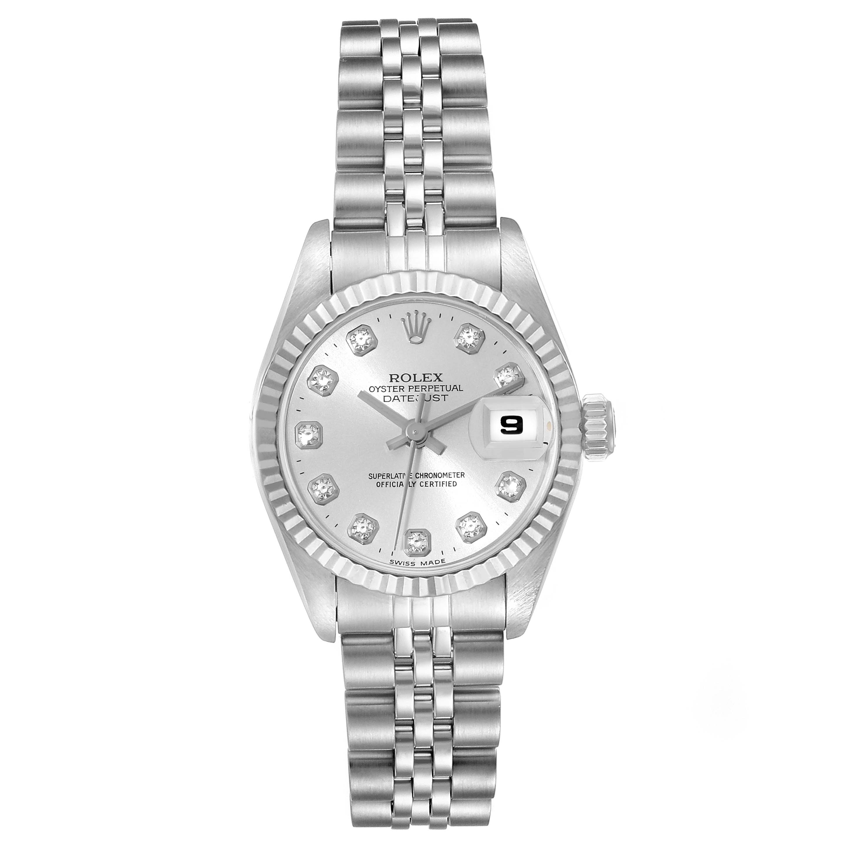 This image shows a front view of the Rolex Datejust 69174 Women's Stainless Steel Silver Dial 69174 Women's Stainless Steel Silver Dial watch, displaying the dial, bezel, bracelet, and the date window.