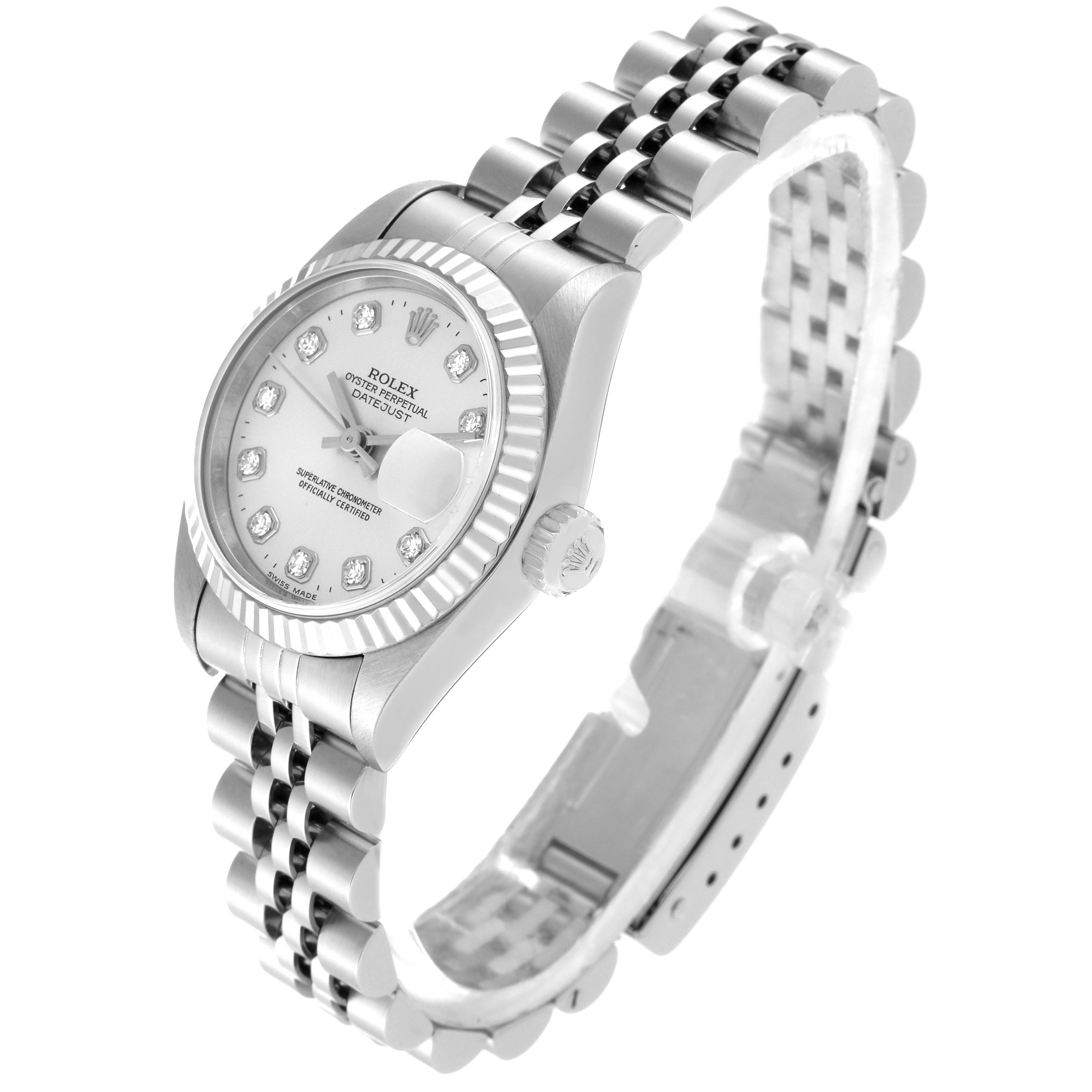 The image shows a Rolex Datejust 69174 Women's Stainless Steel Silver Dial 69174 Women's Stainless Steel Silver Dial watch at a slight angle, featuring its dial, bezel, crown, and part of the bracelet.