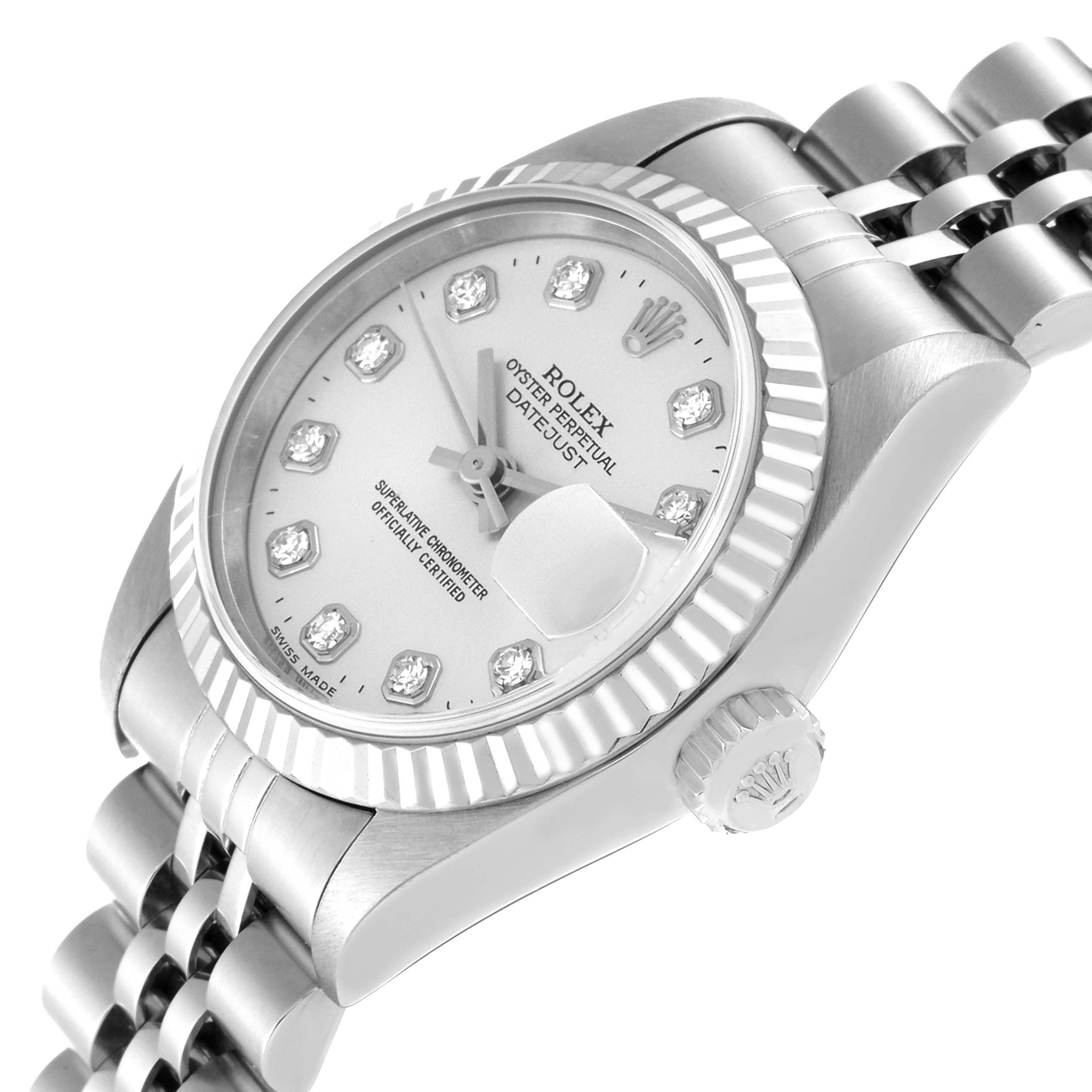 The Rolex Datejust 69174 Women's Stainless Steel Silver Dial 69174 Women's Stainless Steel Silver Dial watch is shown at a slight angle, displaying the dial, bezel, crown, and part of the bracelet.