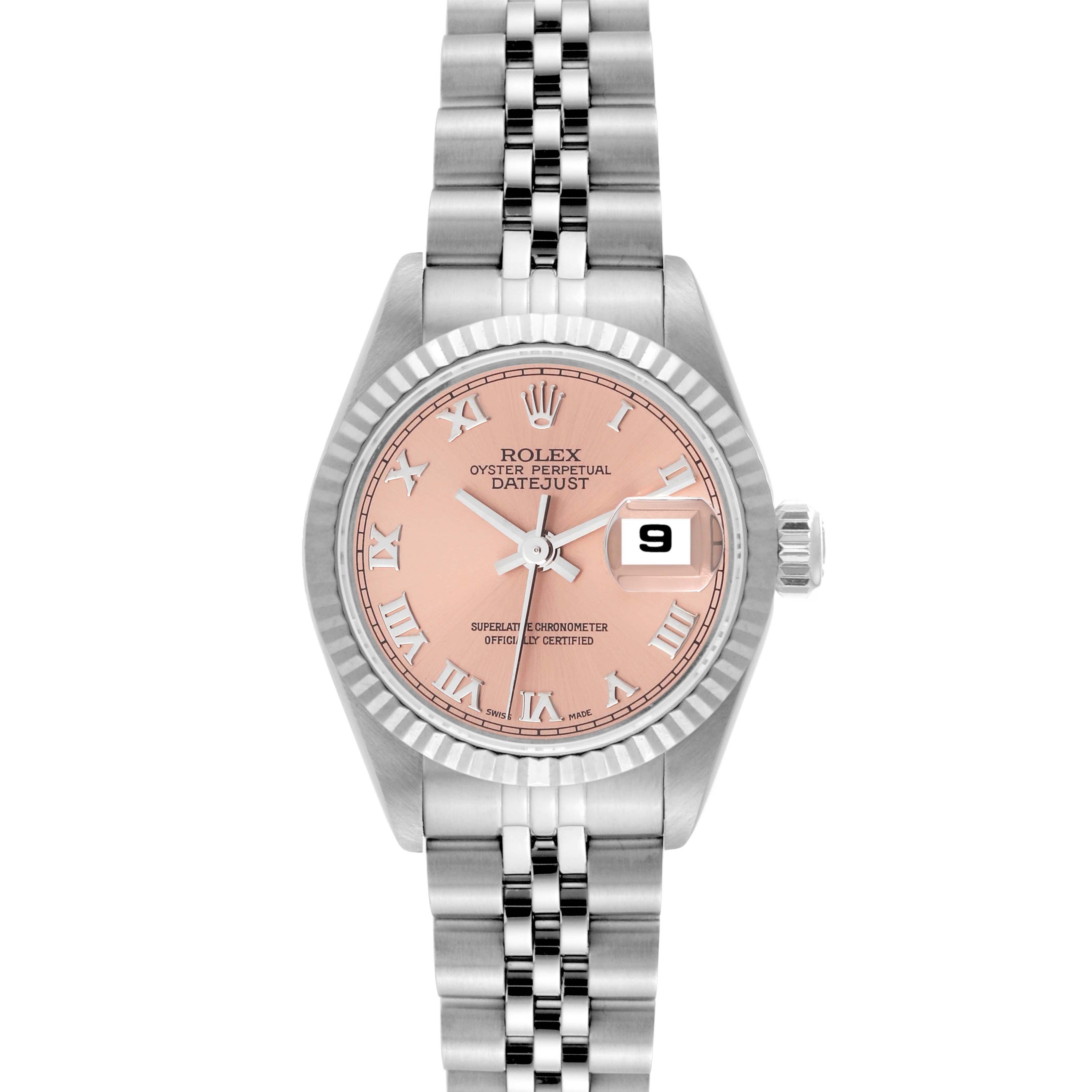 The image shows a front view of a Rolex Datejust 69174 Women's Stainless Steel Pink Dial 69174 Women's Stainless Steel Pink Dial watch, displaying its pink dial, date window, and Jubilee bracelet.