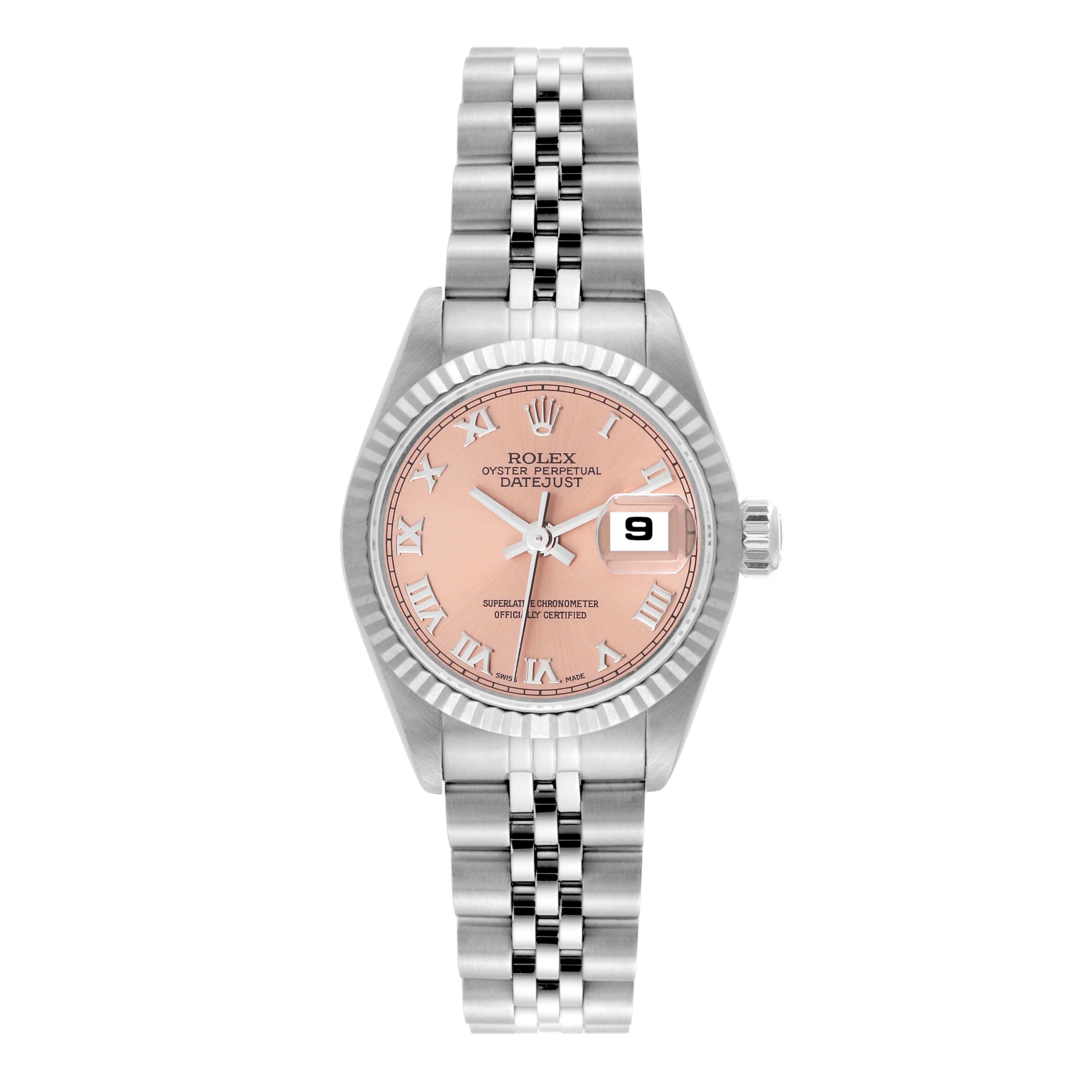 The image shows a front view of a Rolex Datejust 69174 Women's Stainless Steel Pink Dial 69174 Women's Stainless Steel Pink Dial watch, highlighting the face, bezel, and bracelet.