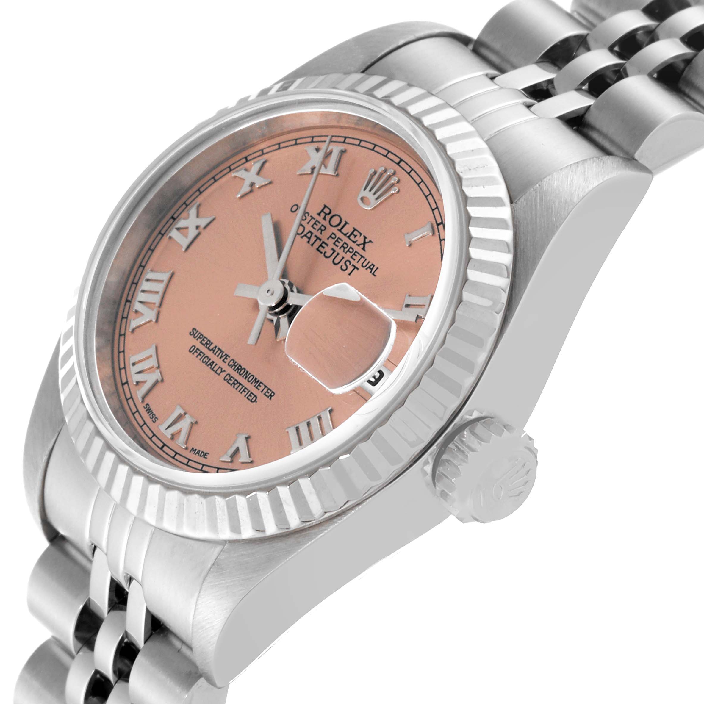 The image shows a Rolex Datejust 69174 Women's Stainless Steel Pink Dial 69174 Women's Stainless Steel Pink Dial watch angled from the right side, highlighting its dial, bezel, crown, and part of the bracelet.