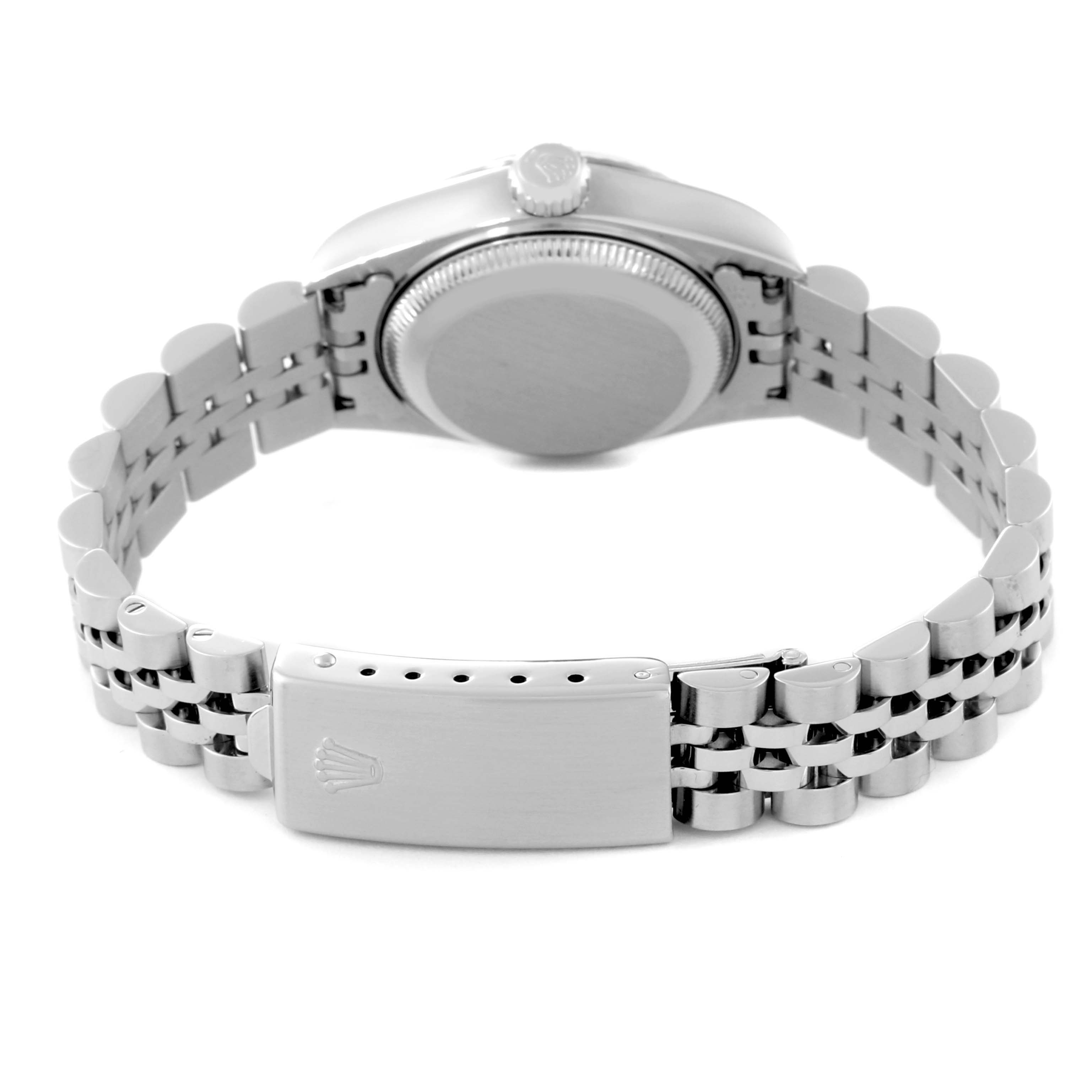 The image shows the back view of a Rolex Datejust 69174 Women's Stainless Steel Pink Dial 69174 Women's Stainless Steel Pink Dial watch, highlighting the case, bracelet, and clasp.