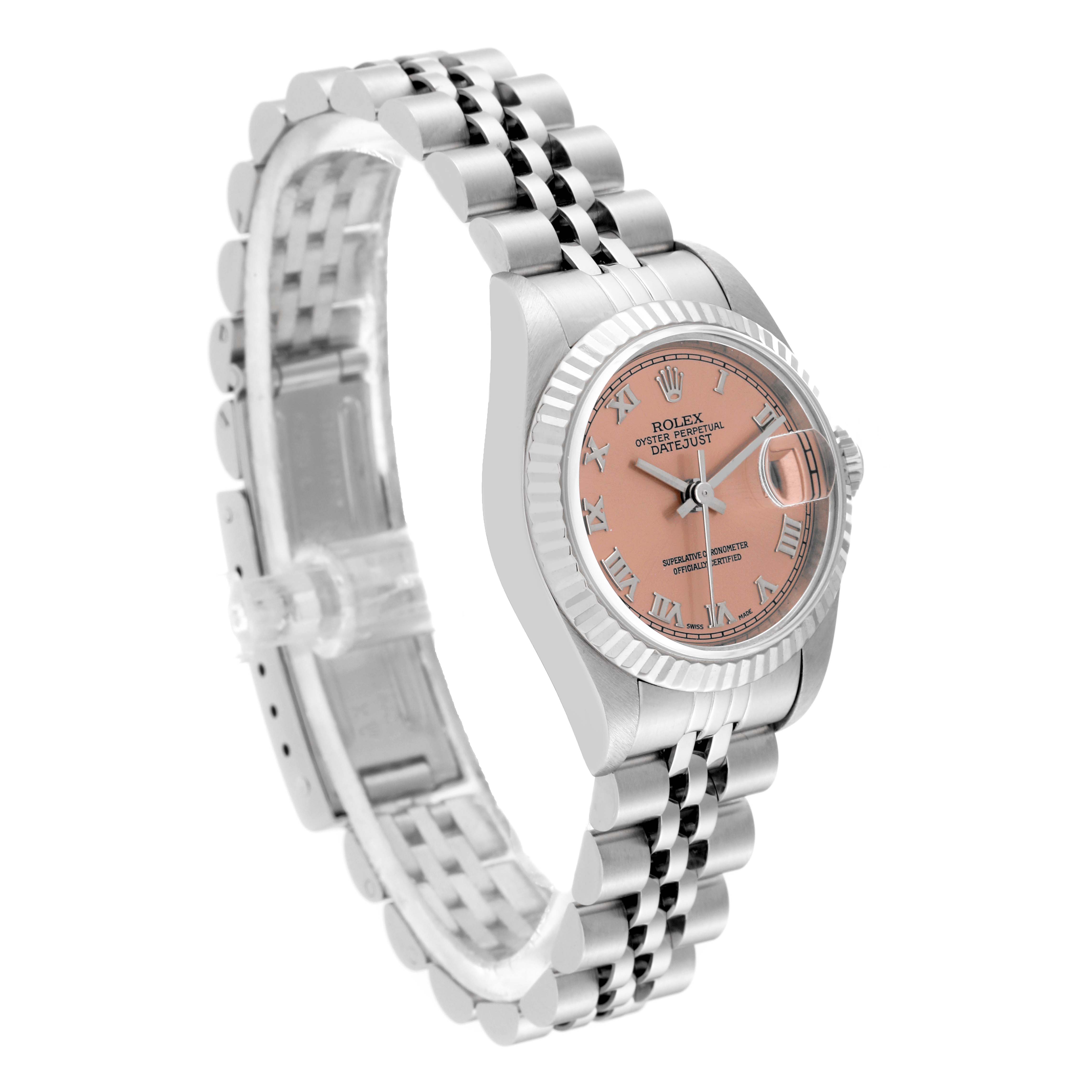 The Rolex Datejust 69174 Women's Stainless Steel Pink Dial 69174 Women's Stainless Steel Pink Dial watch is shown at an oblique angle, highlighting the dial, bezel, case, and Jubilee bracelet.
