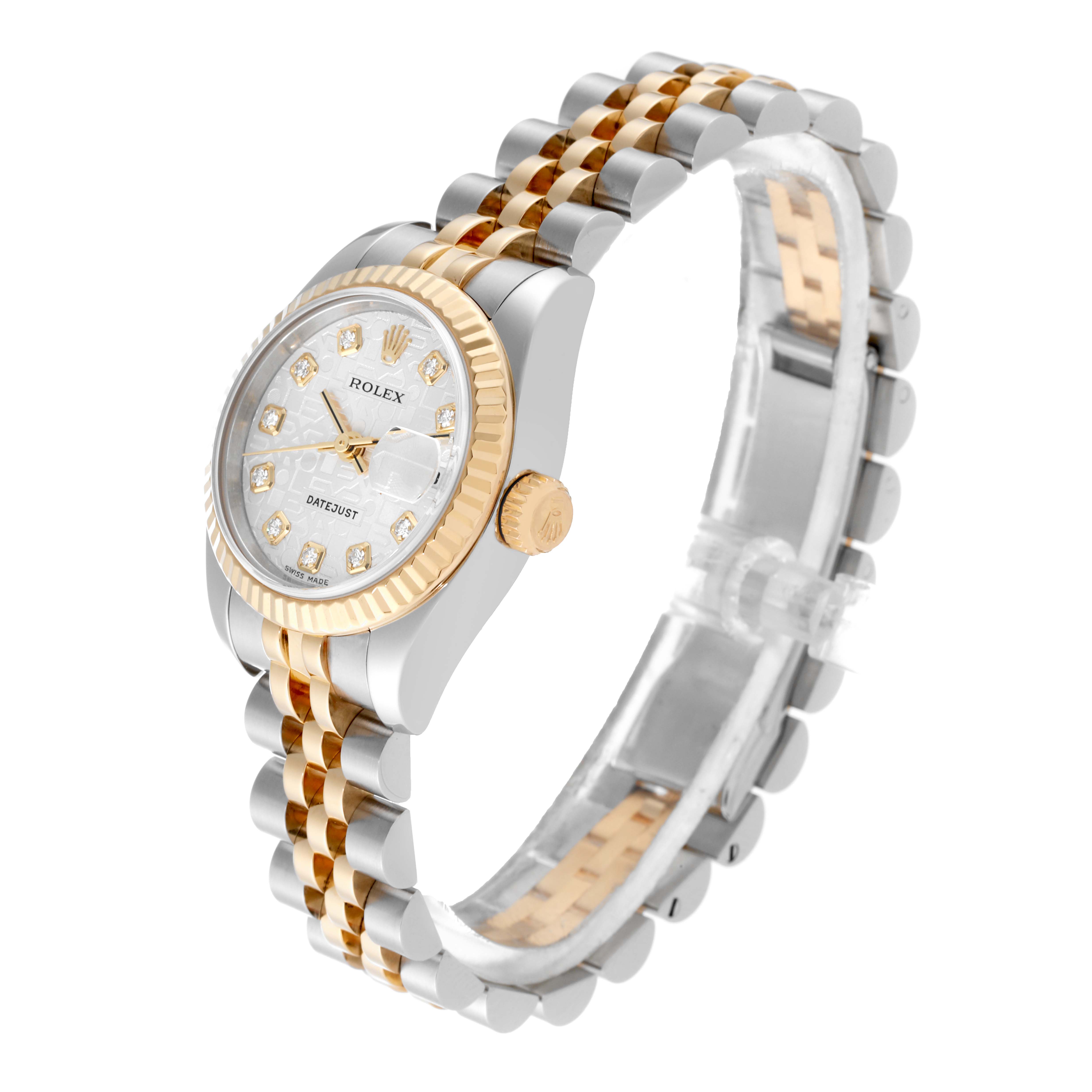 The Rolex Datejust 179173 Women's Steel and Gold (two tone) Silver Dial 179173 Women's Steel and Gold (two tone) Silver Dial watch is shown at a side angle, highlighting its face, crown, and two-tone bracelet.