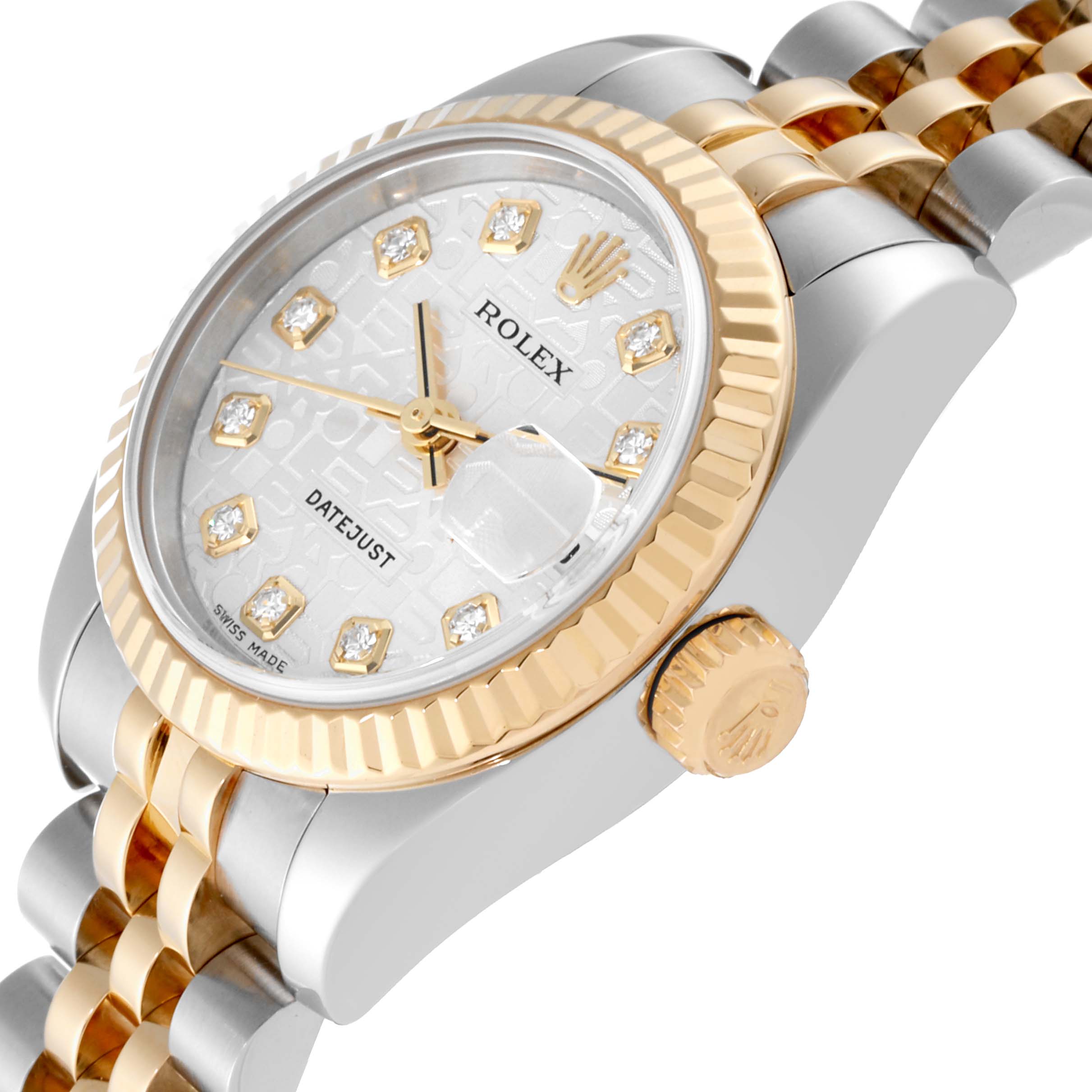 This image shows a close-up side angle of a Rolex Datejust 179173 Women's Steel and Gold (two tone) Silver Dial 179173 Women's Steel and Gold (two tone) Silver Dial watch, highlighting the crown, dial, bezel, and bracelet.