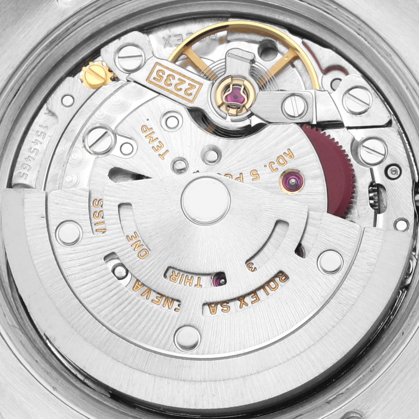 This image shows the movement mechanism of a Rolex Datejust 179173 Women's Steel and Gold (two tone) Silver Dial 179173 Women's Steel and Gold (two tone) Silver Dial watch viewed from the back.