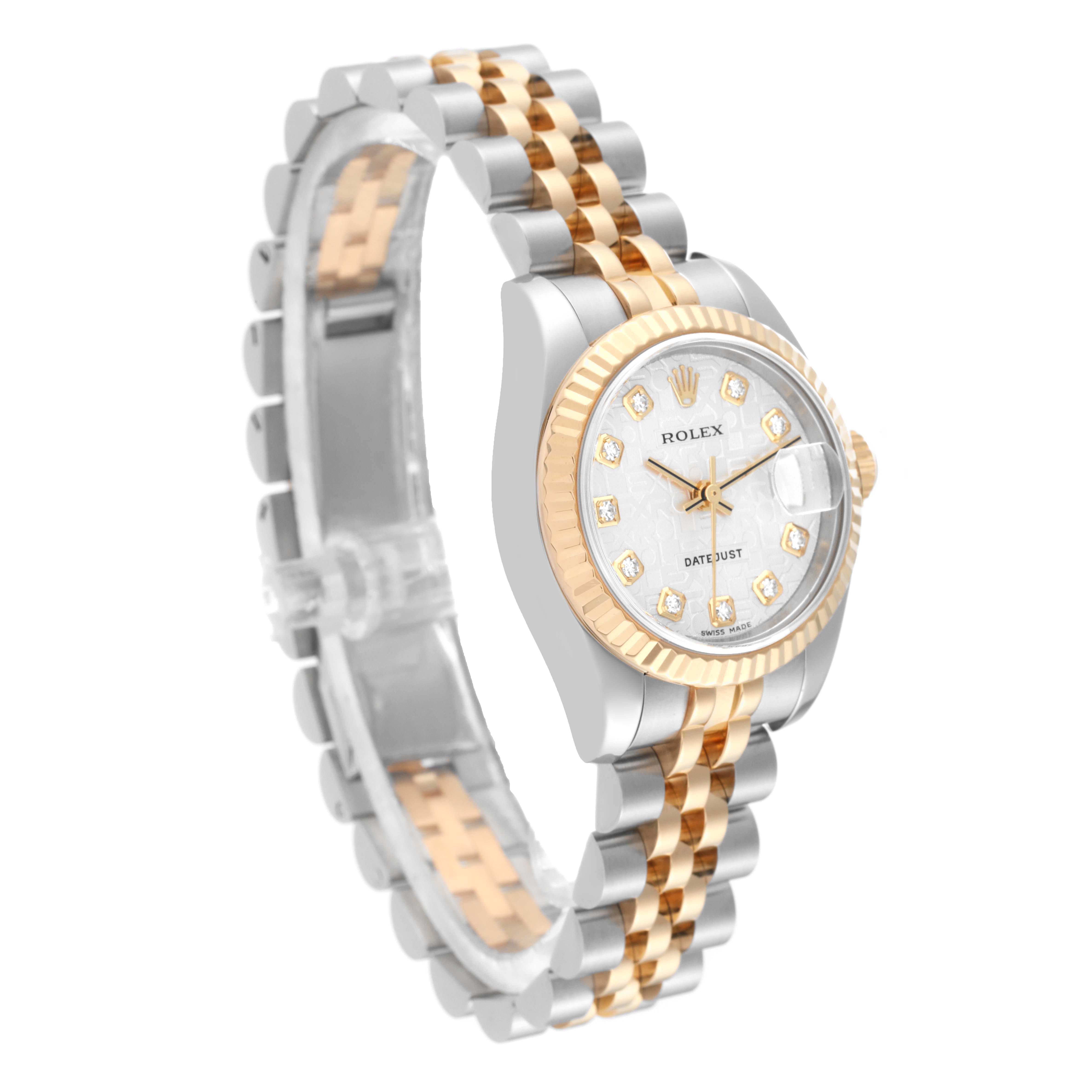 The image shows a Rolex Datejust 179173 Women's Steel and Gold (two tone) Silver Dial 179173 Women's Steel and Gold (two tone) Silver Dial watch at a three-quarter angle, highlighting its gold and silver two-tone bracelet and fluted bezel.