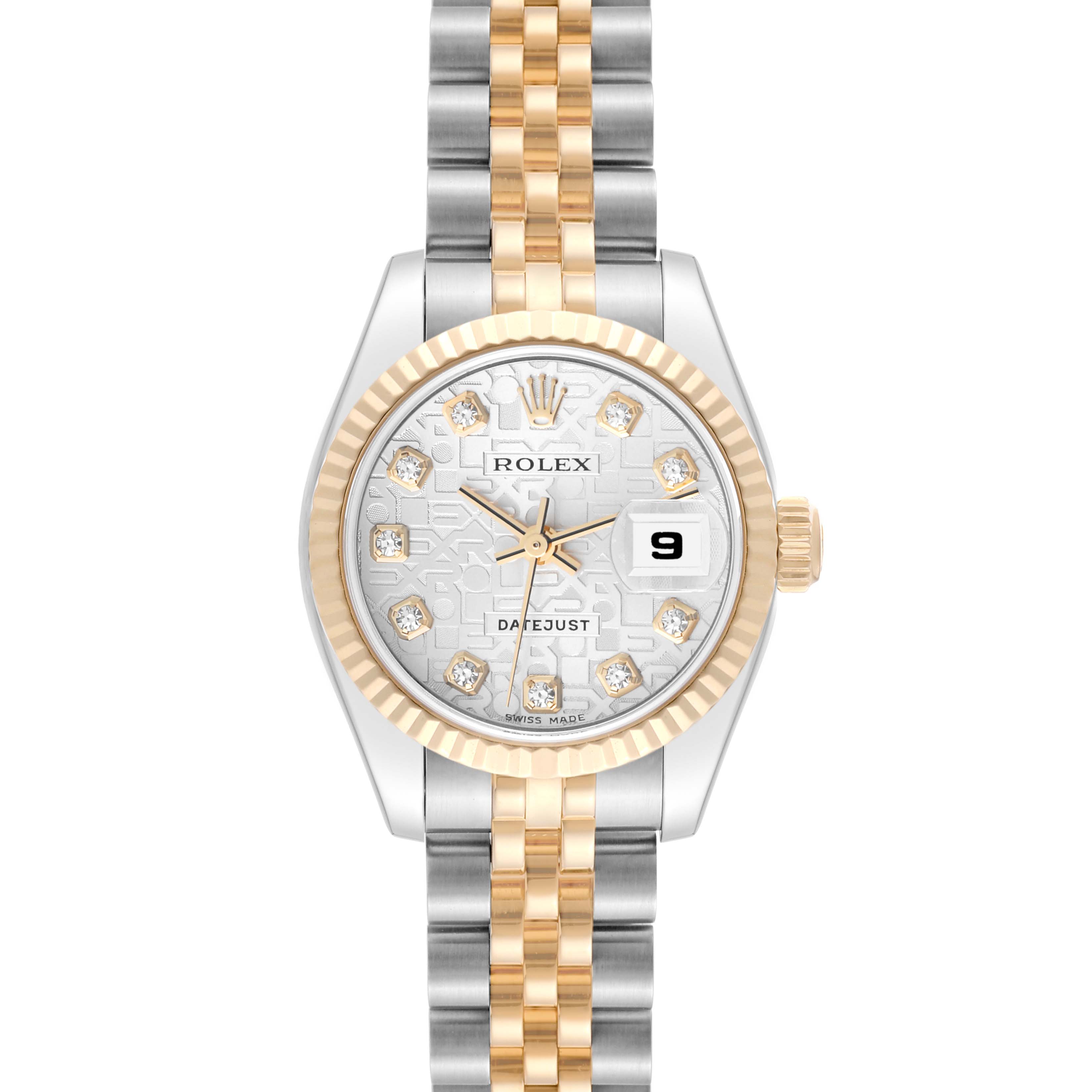 This Rolex Datejust 179173 Women's Steel and Gold (two tone) Silver Dial 179173 Women's Steel and Gold (two tone) Silver Dial watch is shown from a top-down angle, highlighting its bezel, dial, hour markers, and bracelet.