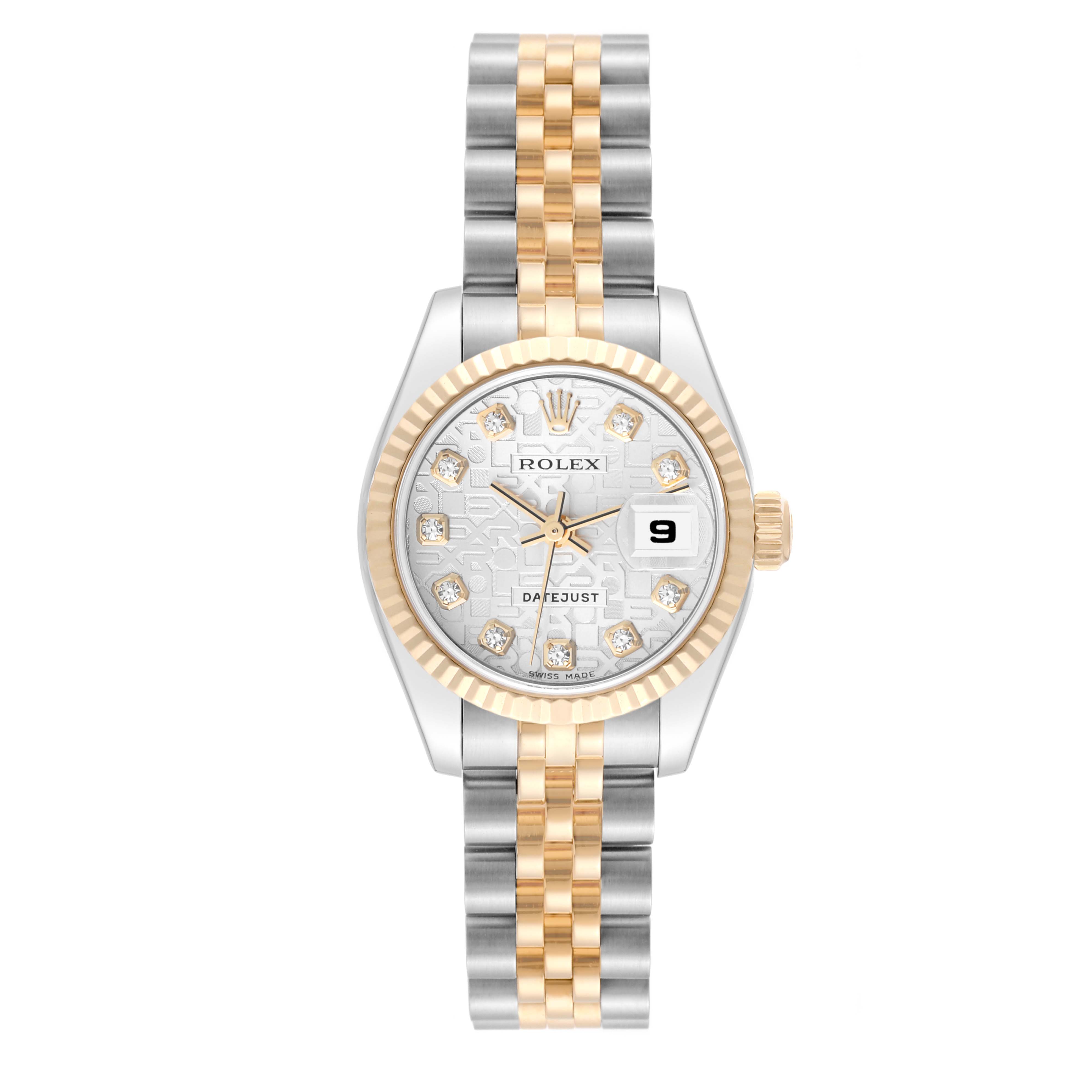 The Rolex Datejust 179173 Women's Steel and Gold (two tone) Silver Dial 179173 Women's Steel and Gold (two tone) Silver Dial watch is shown in a direct front view, displaying the face, bezel, and two-tone bracelet.