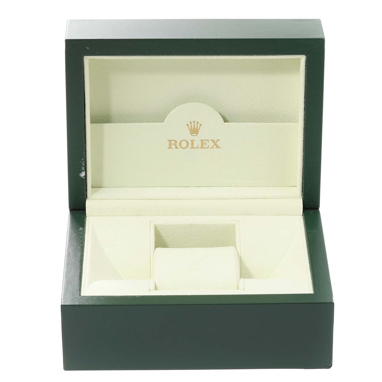 This image shows the open box of a Rolex Datejust 179173 Women's Steel and Gold (two tone) Silver Dial 179173 Women's Steel and Gold (two tone) Silver Dial watch, featuring the brand's logo inside.