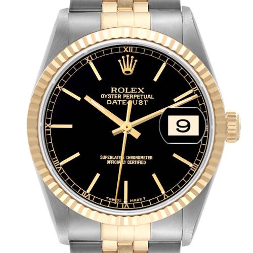 Photo of Rolex Datejust Steel Yellow Gold Black Dial Mens Watch 16233 Box Service Card