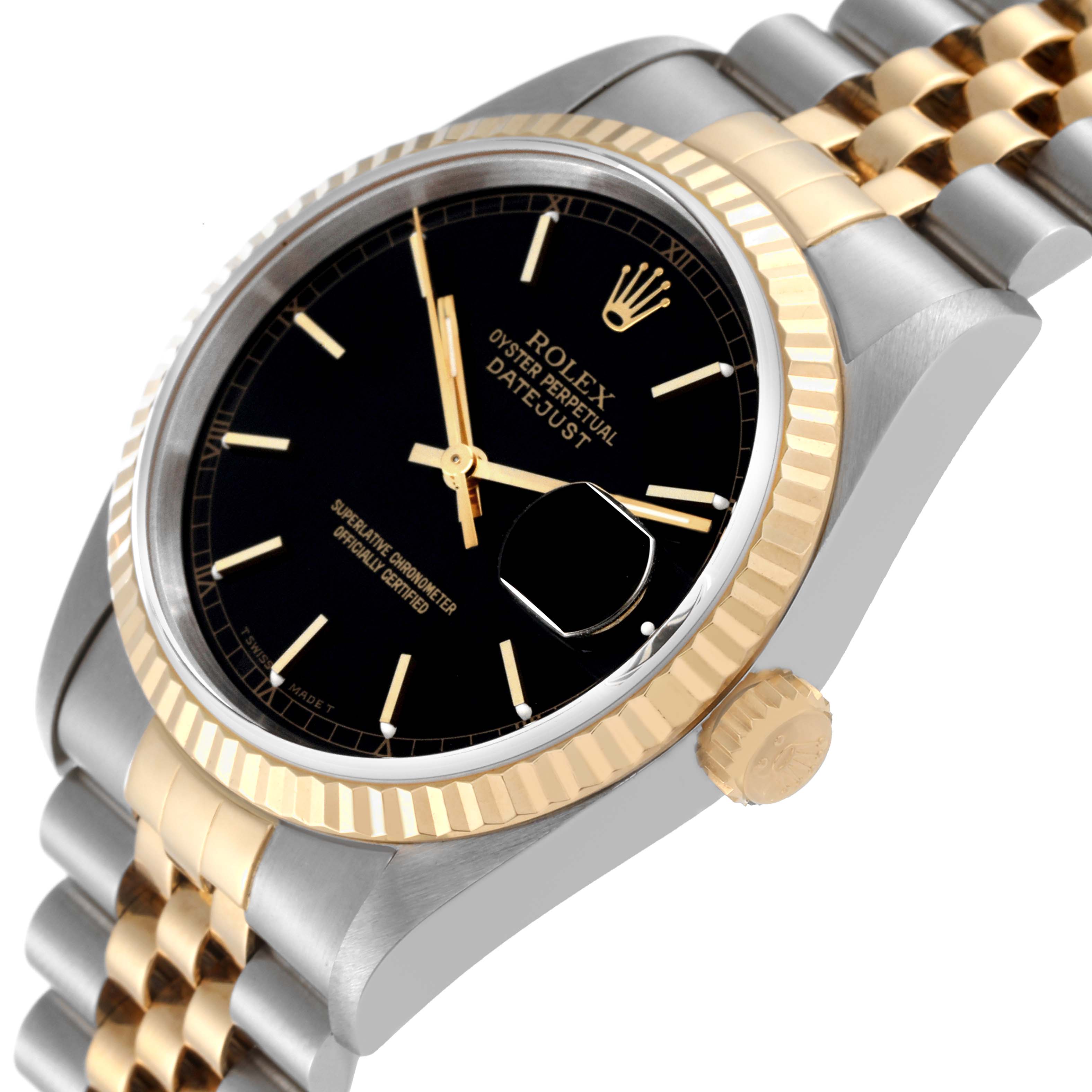 The Rolex Datejust 16233 Men's Steel and Gold (two tone) Black Dial 16233 Men's Steel and Gold (two tone) Black Dial model watch is shown at an angle displaying its black dial, gold bezel, crown, and two-tone bracelet.