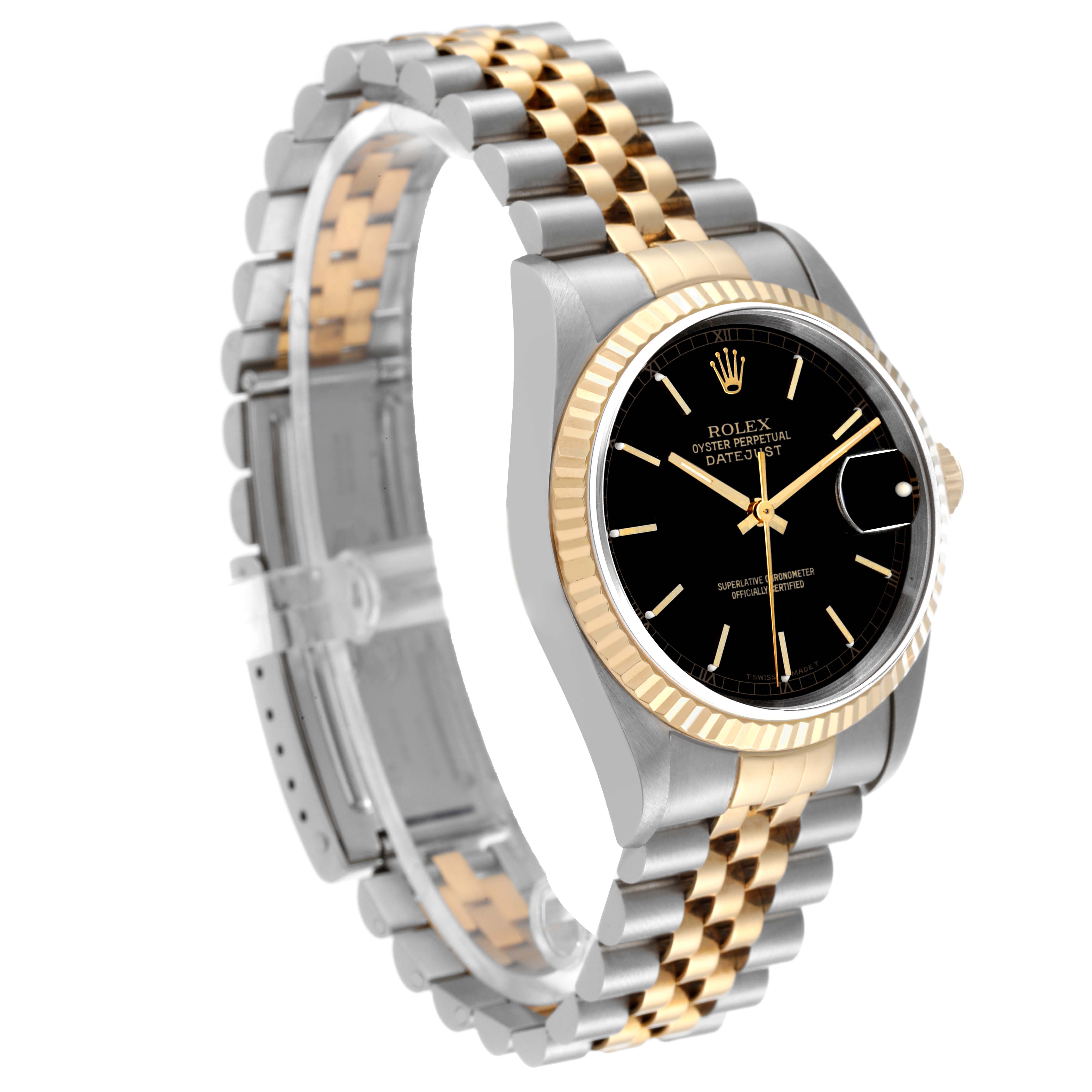 The Rolex Datejust 16233 Men's Steel and Gold (two tone) Black Dial 16233 Men's Steel and Gold (two tone) Black Dial watch is shown at an oblique angle, highlighting the black dial, gold fluted bezel, and two-tone Jubilee bracelet.