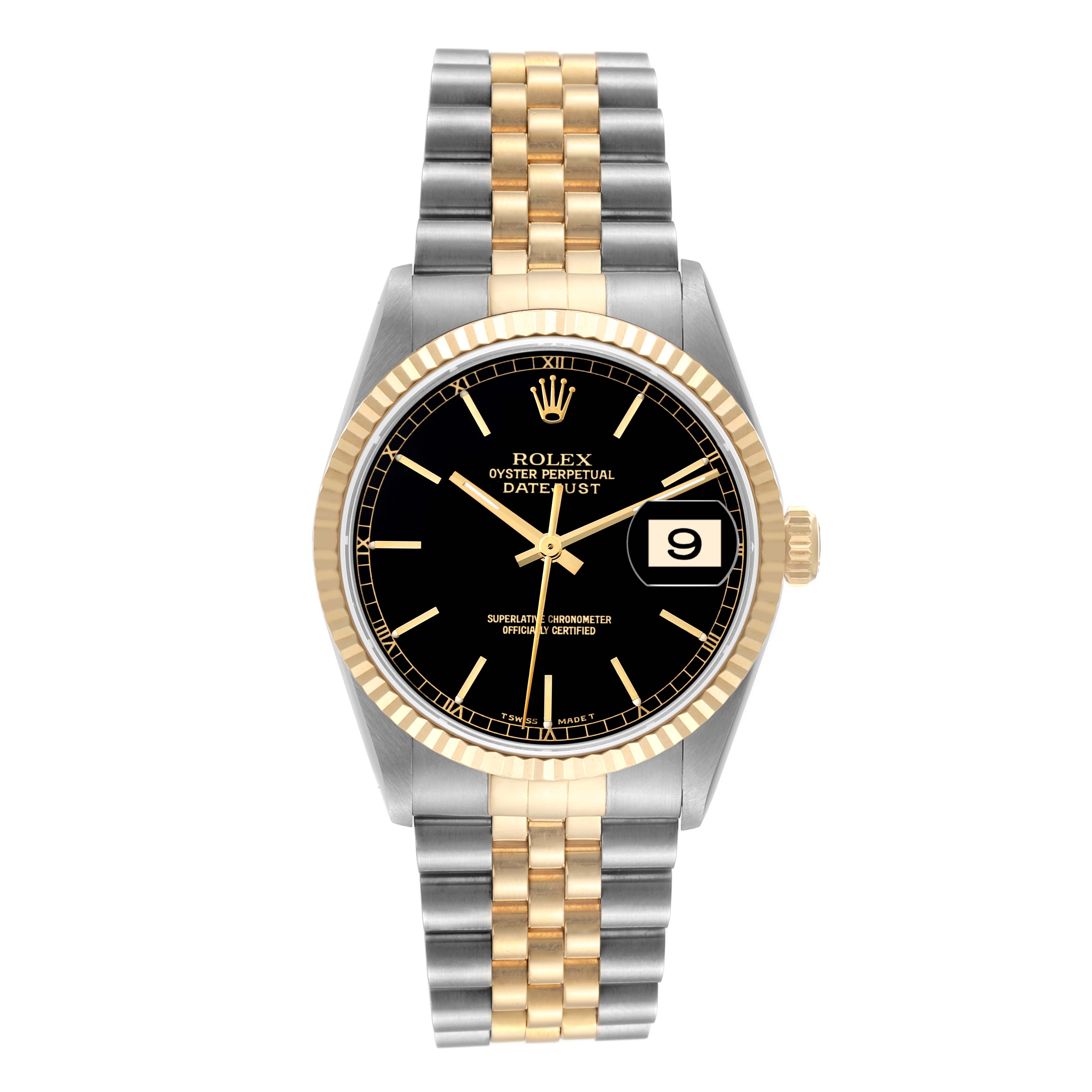 This image shows a front view of a Rolex Datejust 16233 Men's Steel and Gold (two tone) Black Dial 16233 Men's Steel and Gold (two tone) Black Dial watch, displaying the dial, bezel, and bracelet.