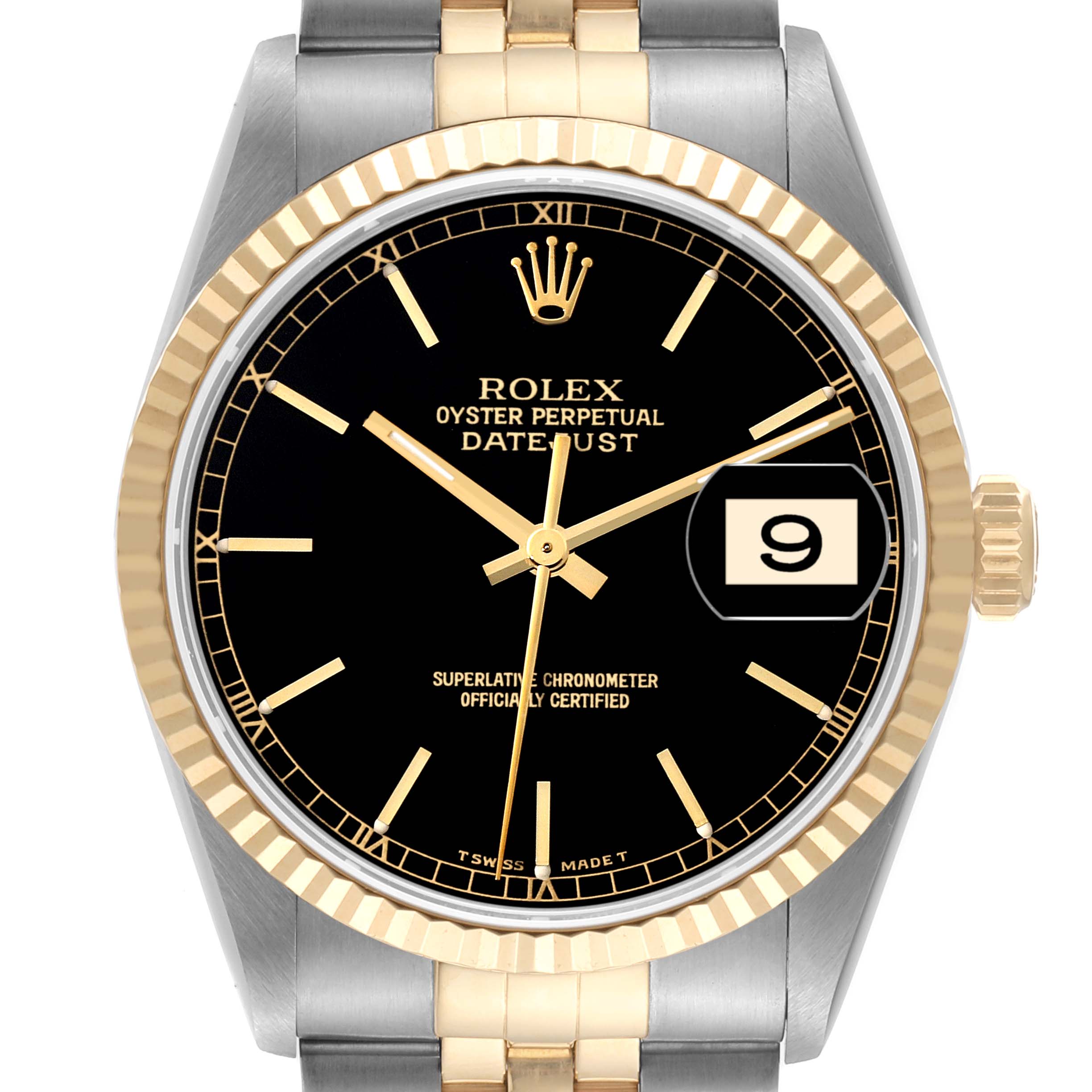 The image shows a frontal view of the Rolex Datejust 16233 Men's Steel and Gold (two tone) Black Dial 16233 Men's Steel and Gold (two tone) Black Dial watch, featuring a black dial, date window, and a gold and silver bracelet.