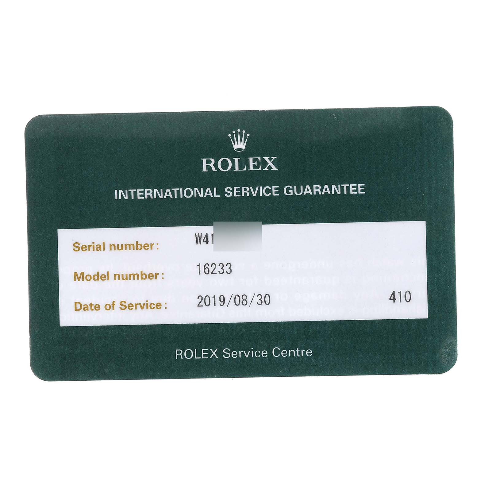 This image shows a Rolex International Service Guarantee card for the Datejust model 16233.