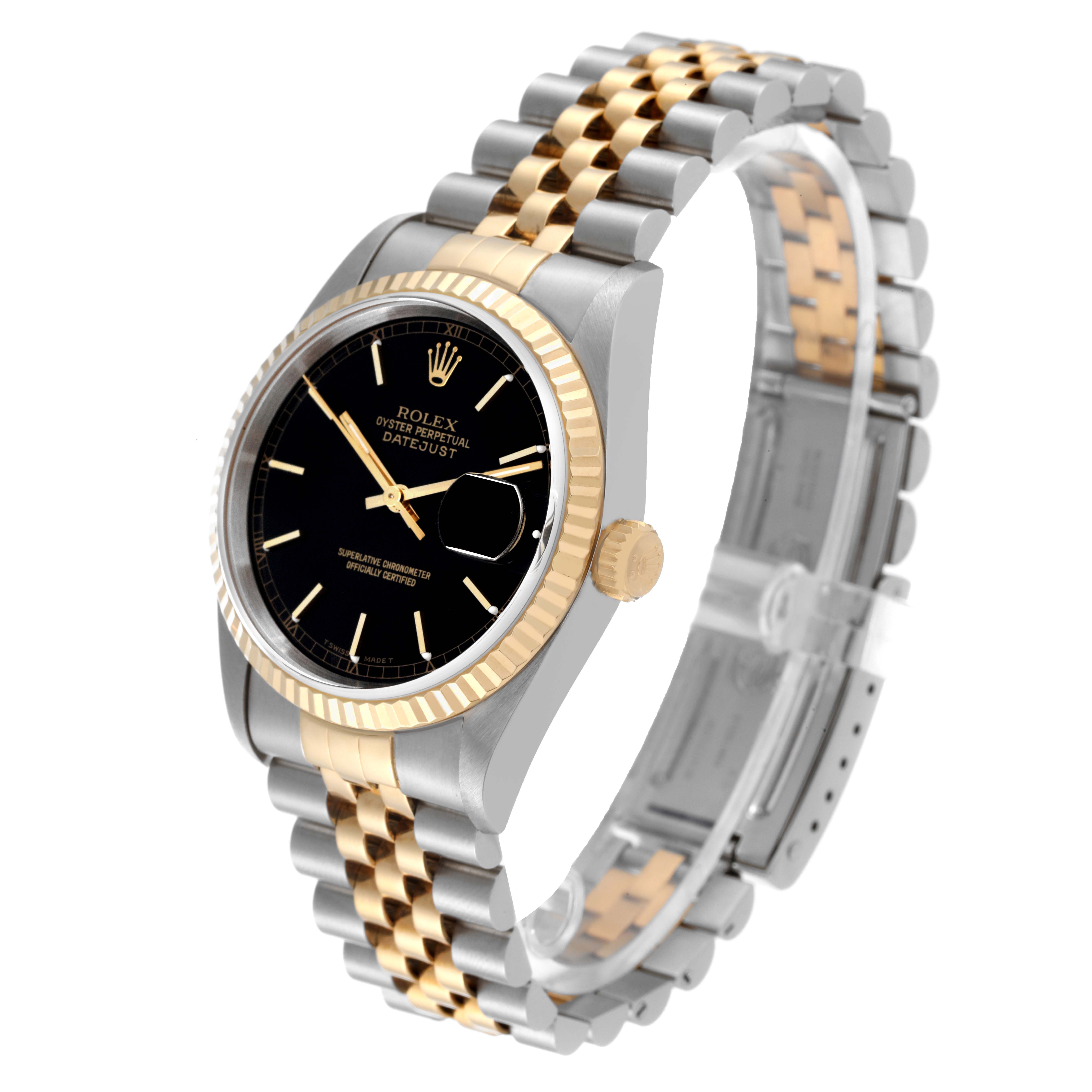 The image shows a side-angle view of a Rolex Datejust 16233 Men's Steel and Gold (two tone) Black Dial 16233 Men's Steel and Gold (two tone) Black Dial watch, highlighting its black dial, gold fluted bezel, and two-tone bracelet.