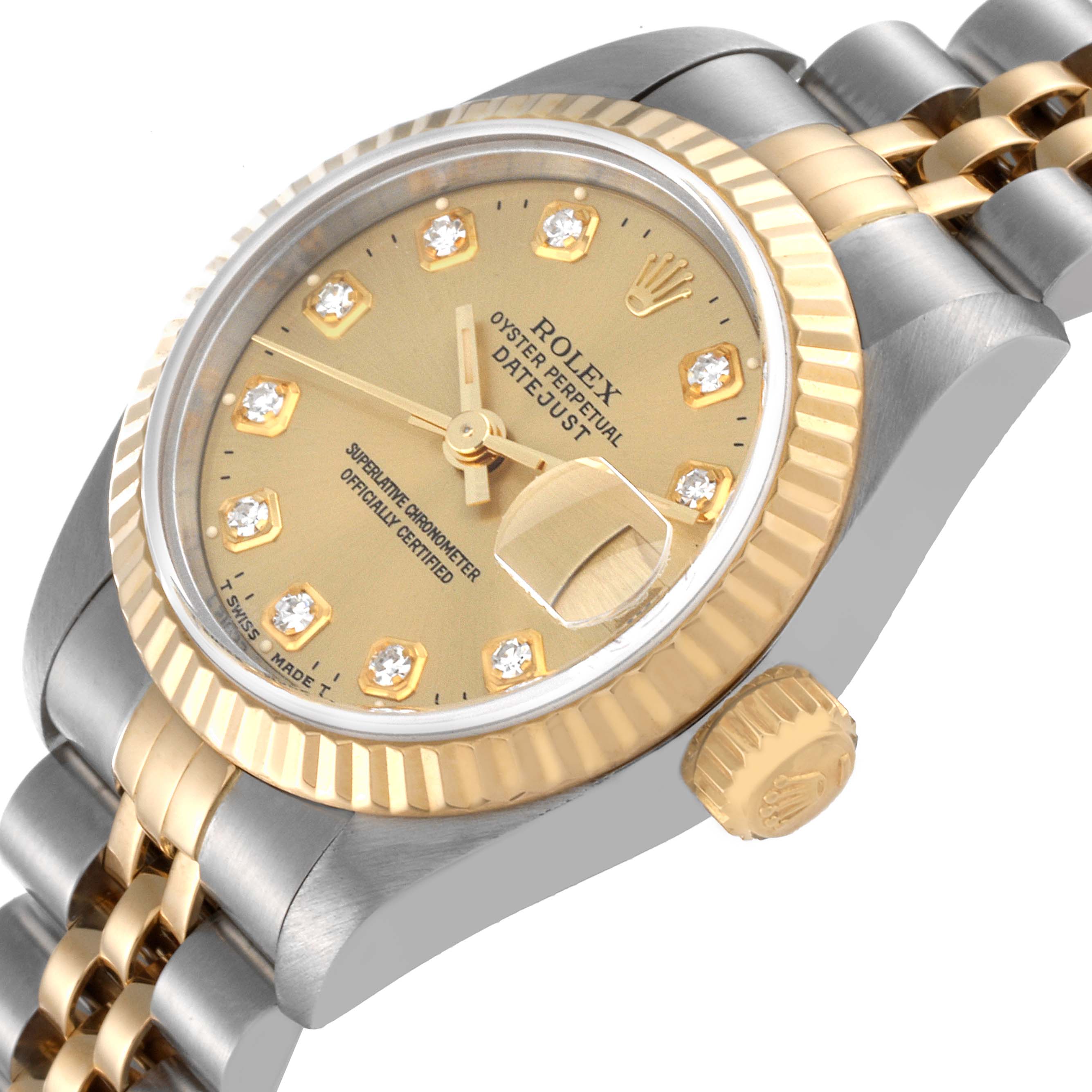 This image shows a tilted view of the Rolex Datejust 69173 Women's Steel and Gold (two tone) Champagne Dial 69173 Women's Steel and Gold (two tone) Champagne Dial watch, highlighting its dial, bezel, crown, and bracelet.