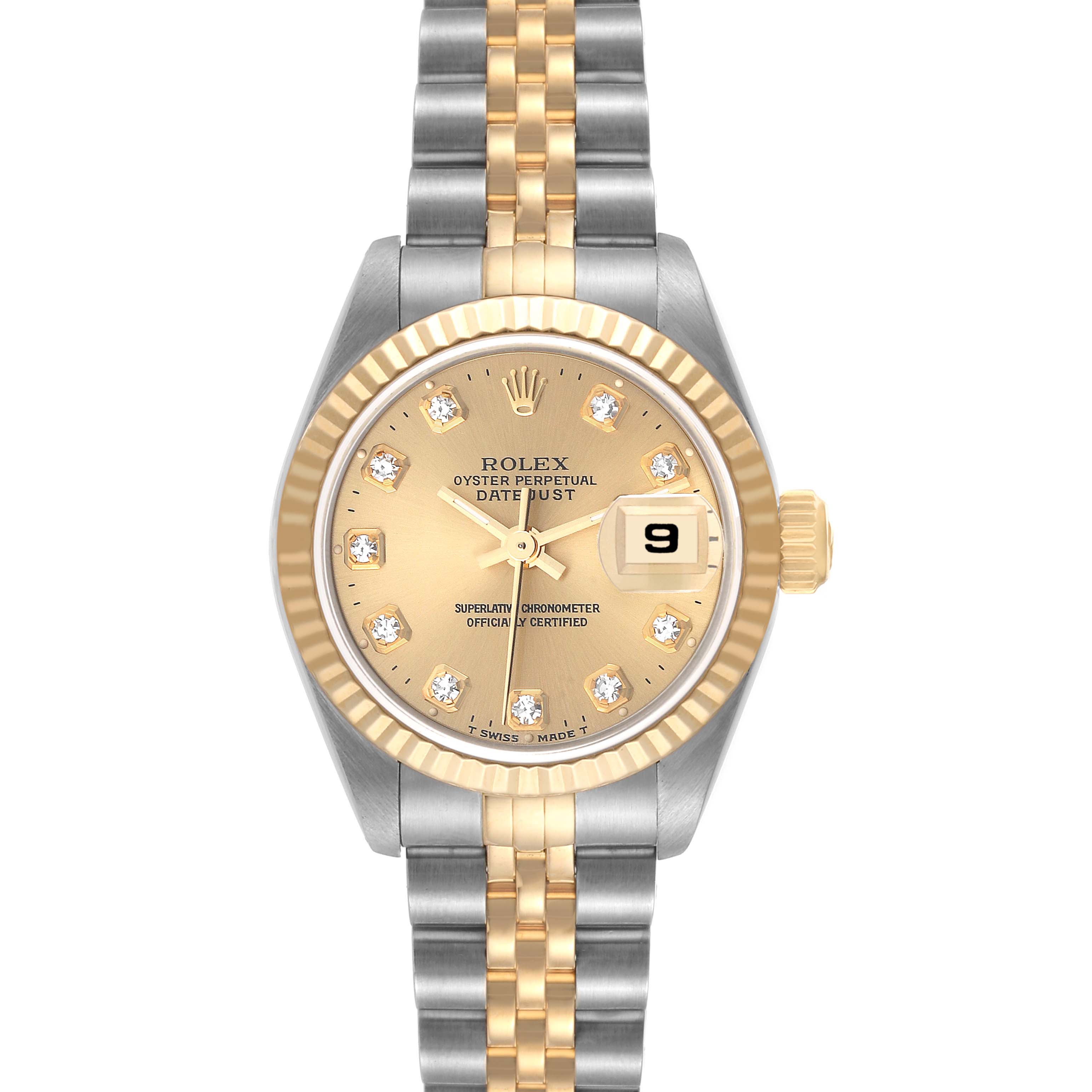 This image shows a frontal view of a Rolex Datejust 69173 Women's Steel and Gold (two tone) Champagne Dial 69173 Women's Steel and Gold (two tone) Champagne Dial watch, highlighting its gold and silver bezel, dial, and bracelet.